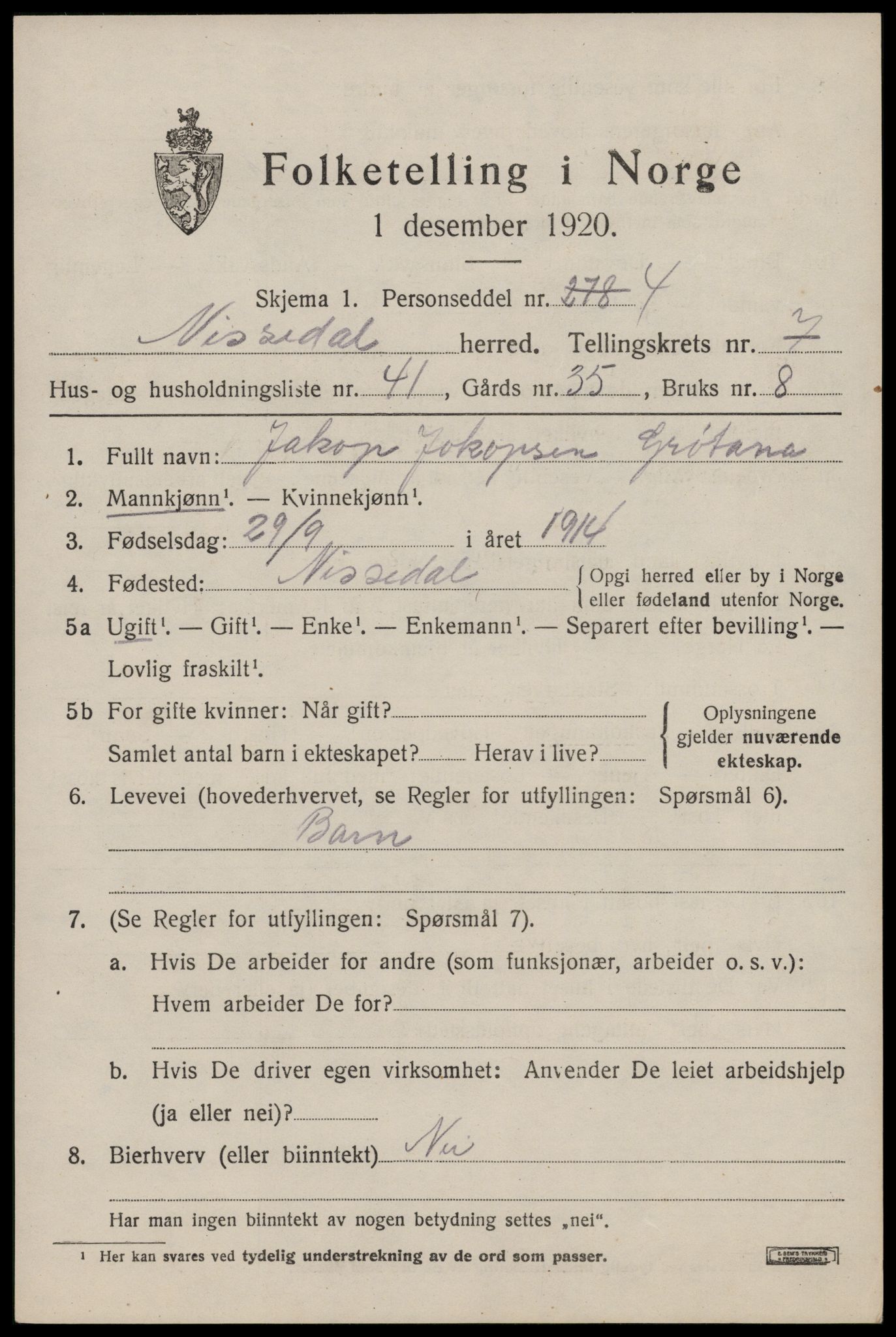 SAKO, 1920 census for Nissedal, 1920, p. 3027