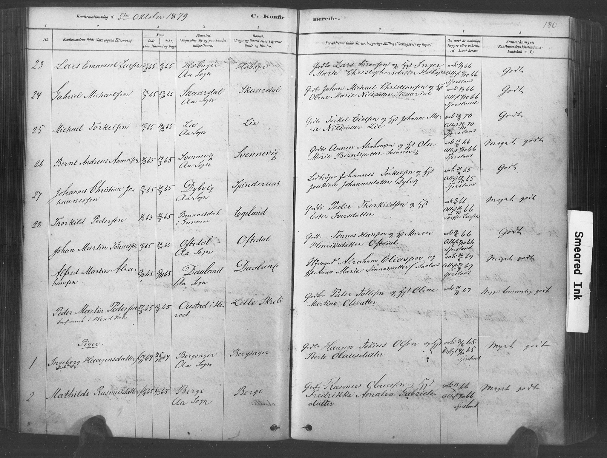 Lyngdal sokneprestkontor, AV/SAK-1111-0029/F/Fa/Fac/L0011: Parish register (official) no. A 11, 1878-1893, p. 180