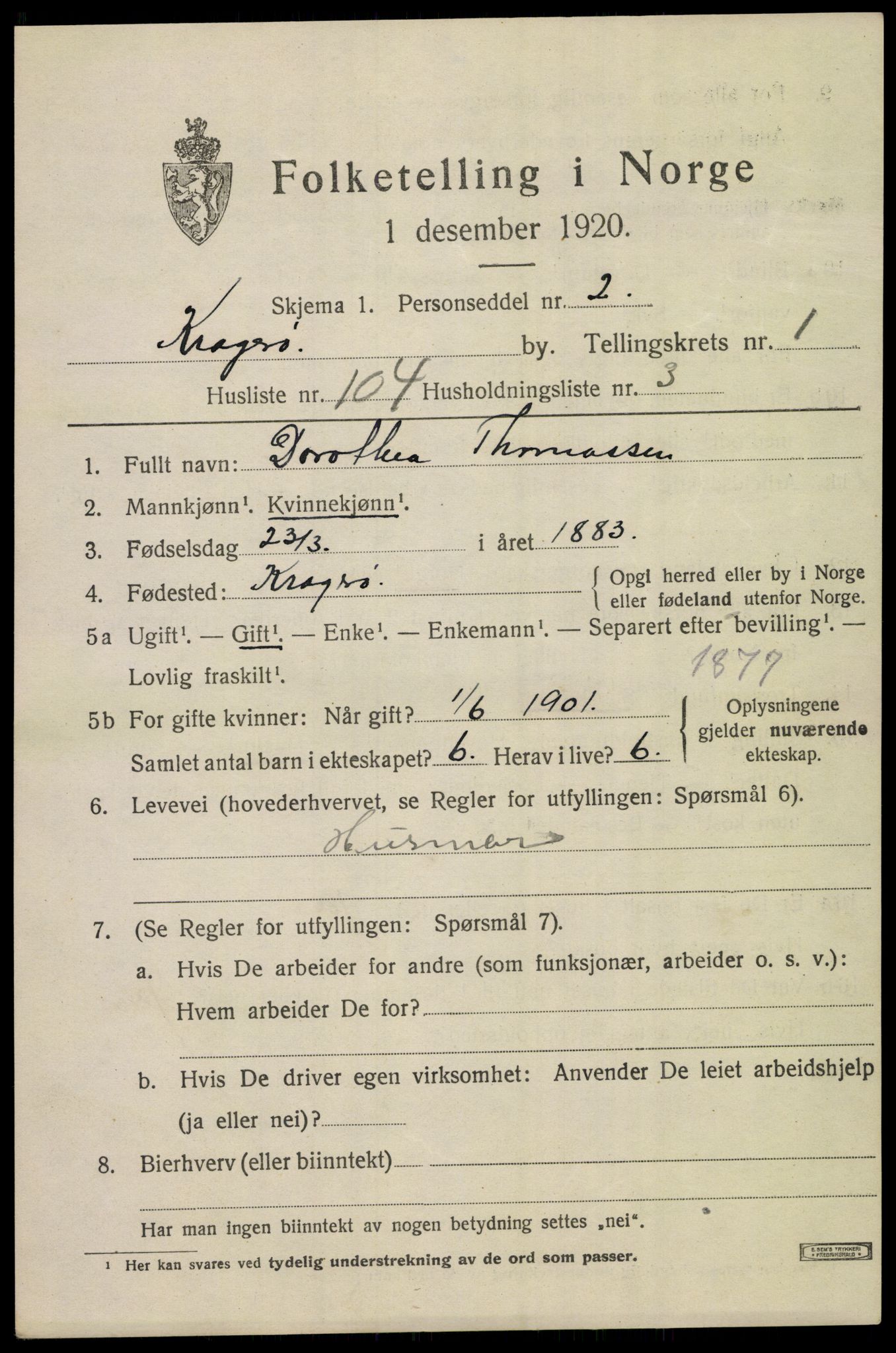 SAKO, 1920 census for Kragerø, 1920, p. 5313