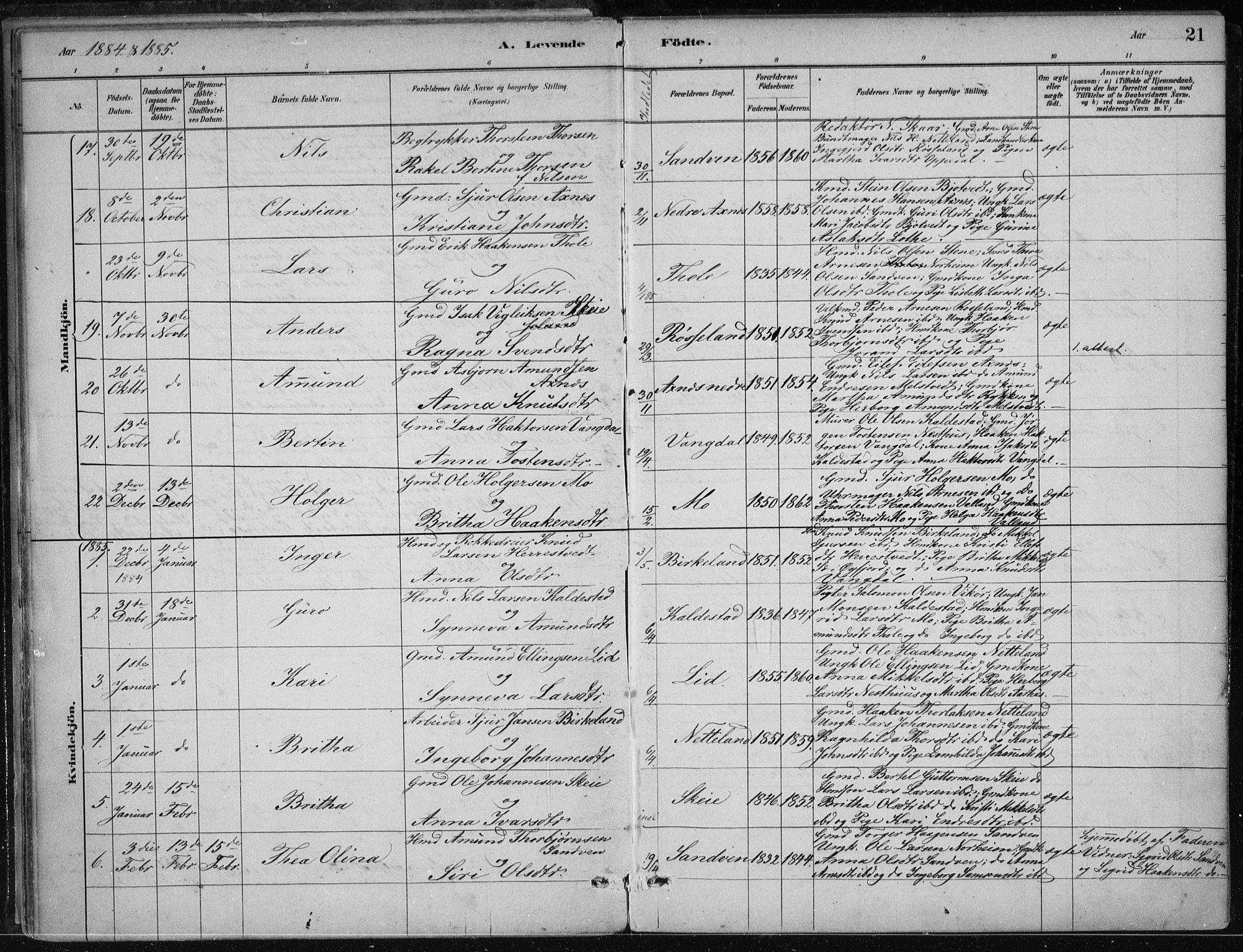 Kvam sokneprestembete, SAB/A-76201/H/Haa: Parish register (official) no. B  1, 1880-1908, p. 21