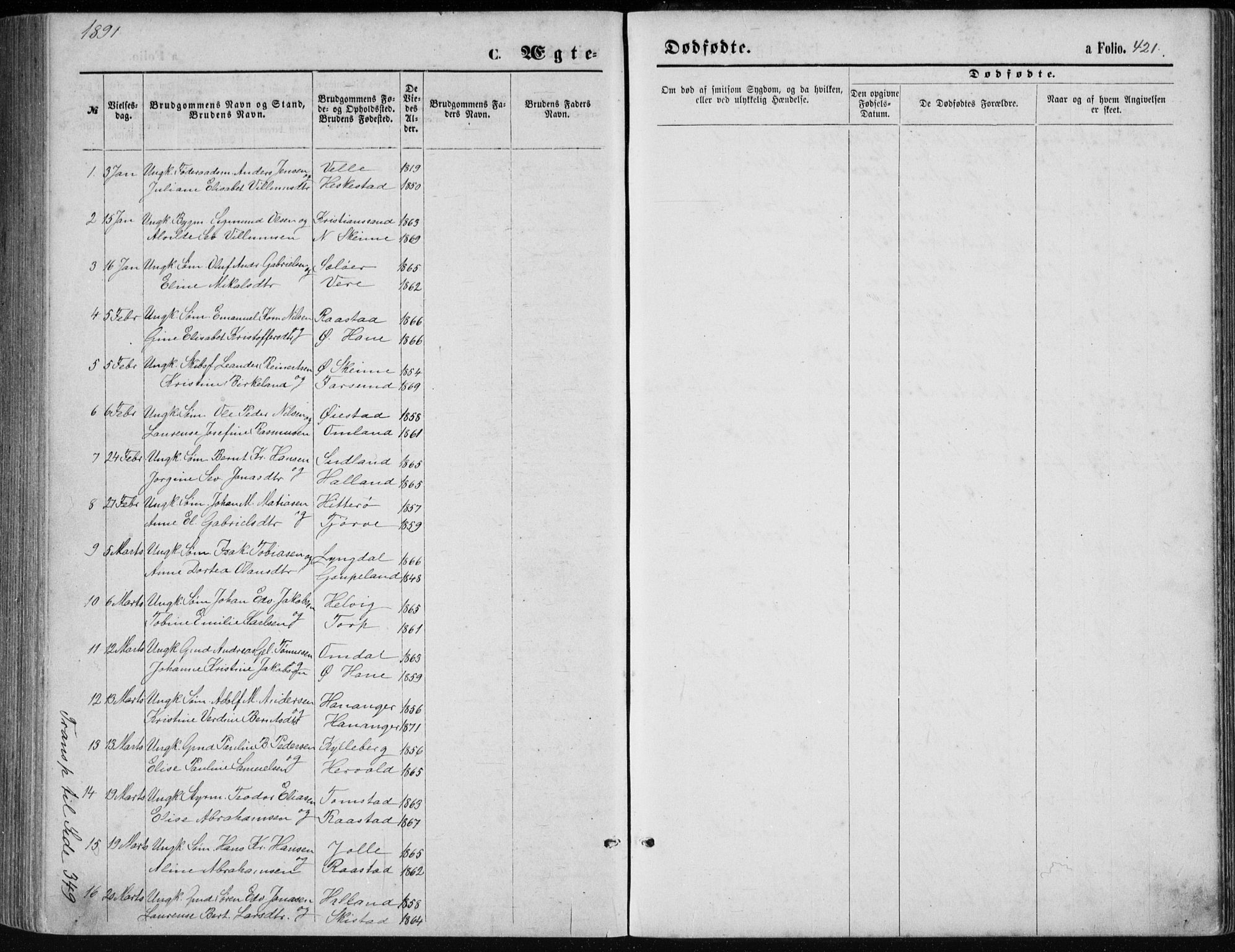 Lista sokneprestkontor, AV/SAK-1111-0027/F/Fb/L0004: Parish register (copy) no. B 4, 1877-1891, p. 421