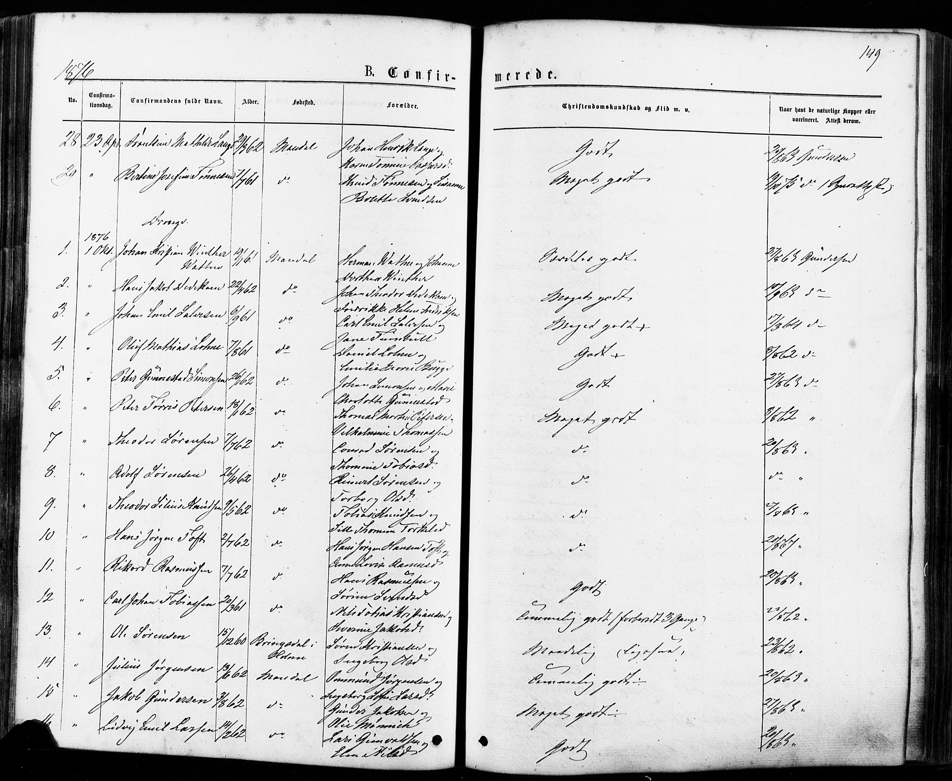 Mandal sokneprestkontor, SAK/1111-0030/F/Fa/Faa/L0015: Parish register (official) no. A 15, 1873-1879, p. 149