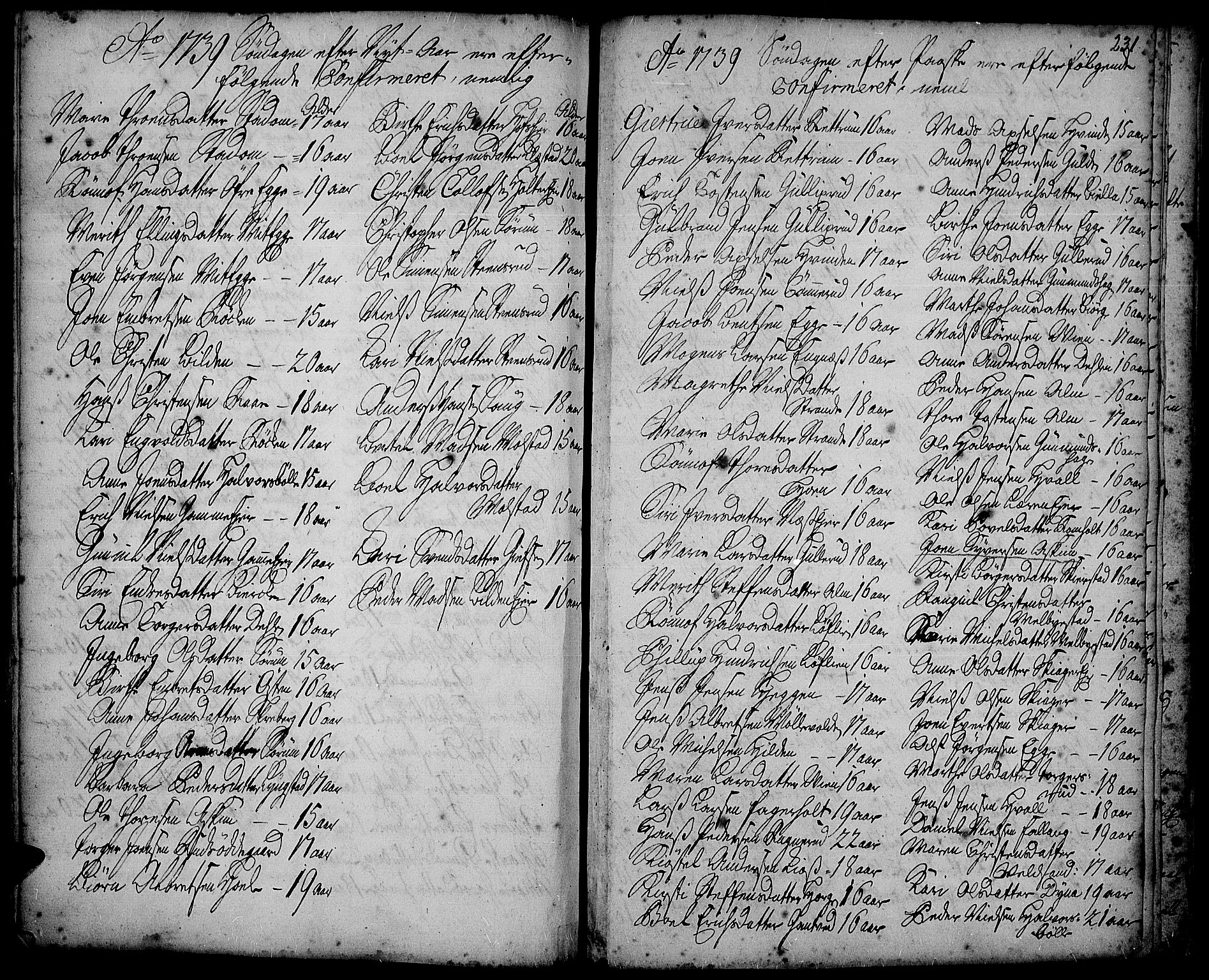 Gran prestekontor, SAH/PREST-112/H/Ha/Haa/L0002: Parish register (official) no. 2, 1732-1744, p. 231