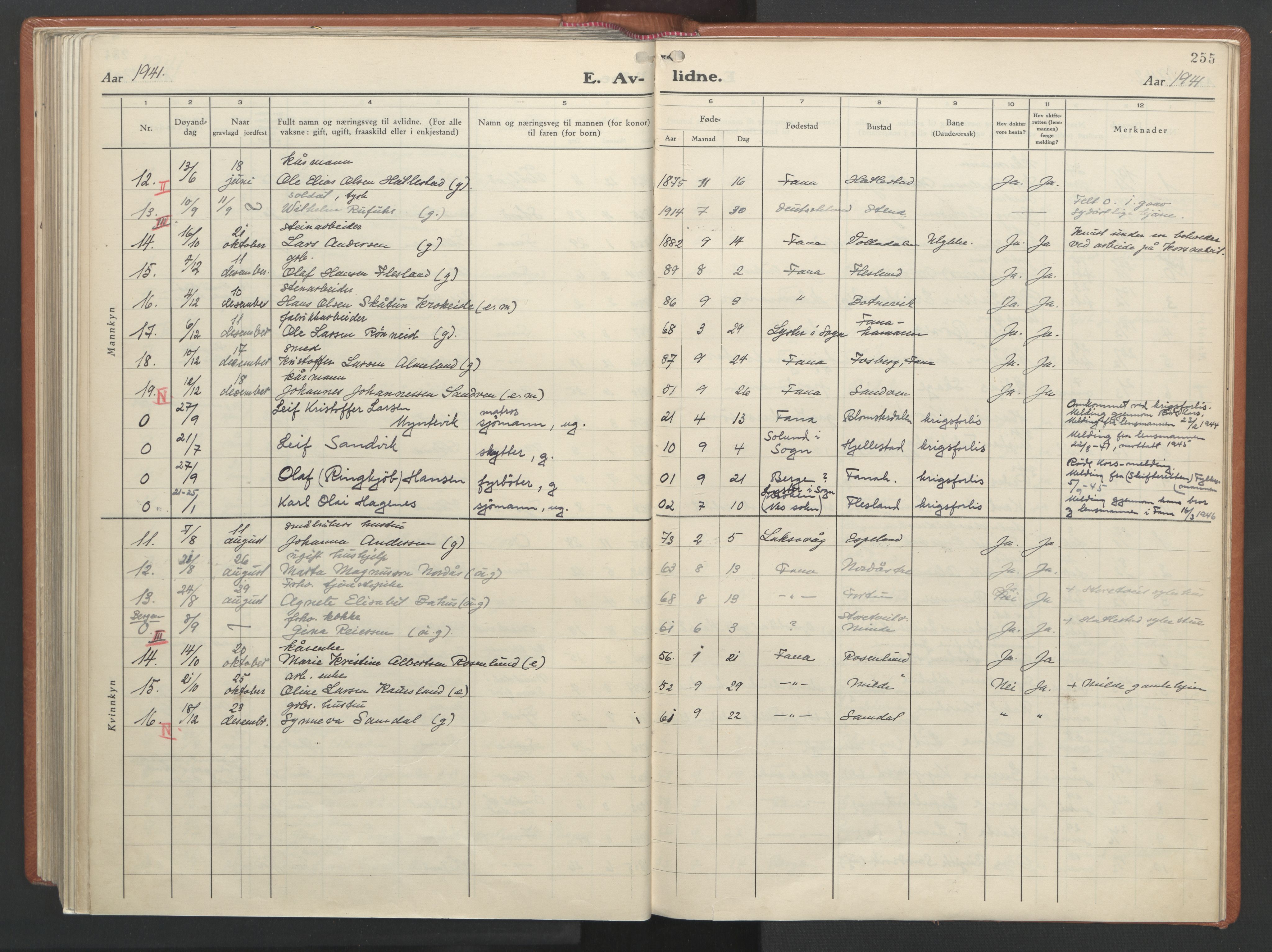 Fana Sokneprestembete, AV/SAB-A-75101/H/Haa/Haab/L0007: Parish register (official) no. B 7, 1934-1947, p. 255