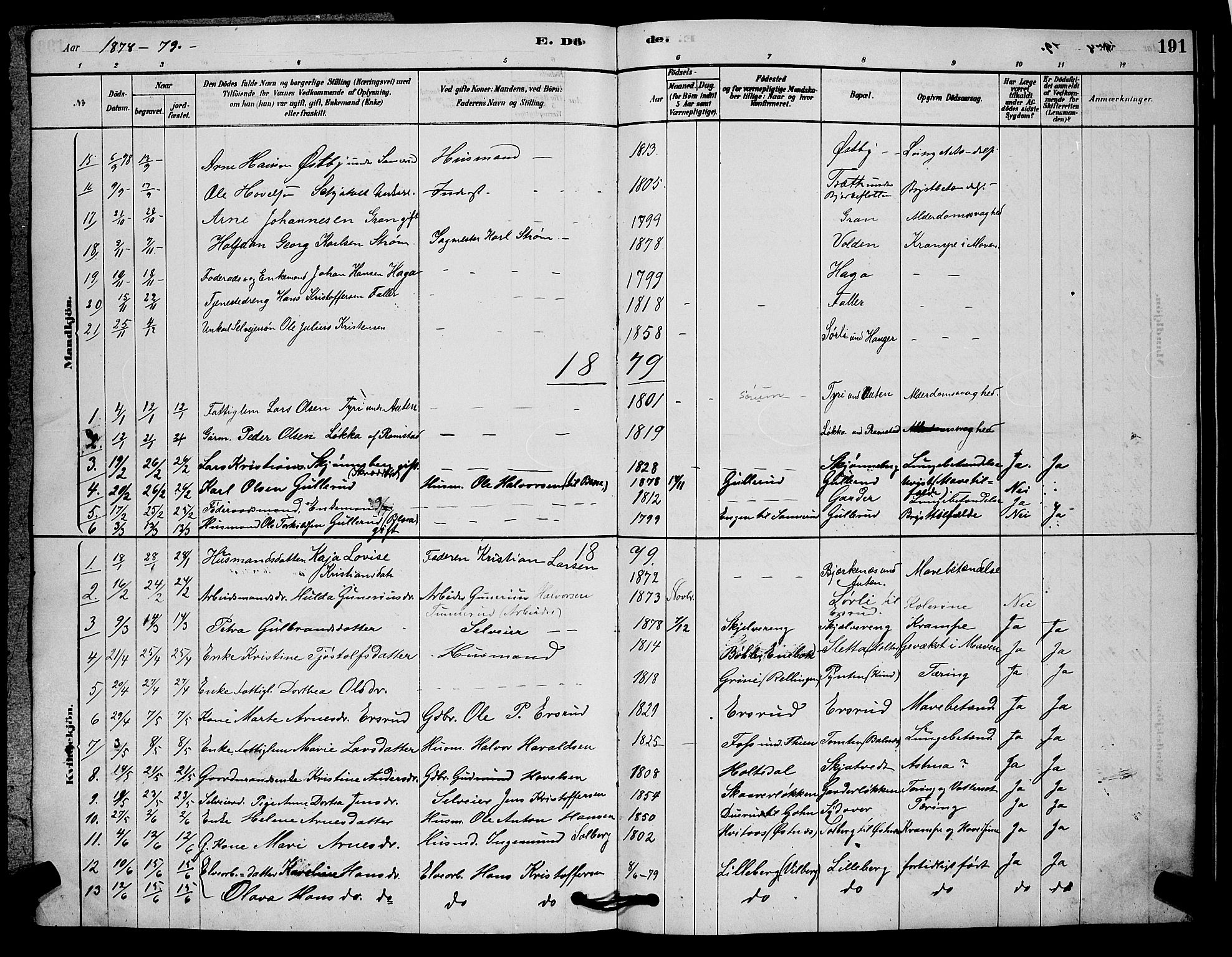 Fet prestekontor Kirkebøker, AV/SAO-A-10370a/G/Ga/L0006: Parish register (copy) no. I 6, 1878-1891, p. 191