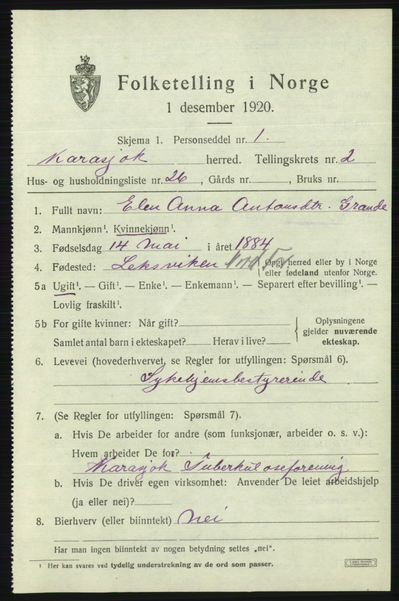 SATØ, 1920 census for Karasjok, 1920, p. 1220