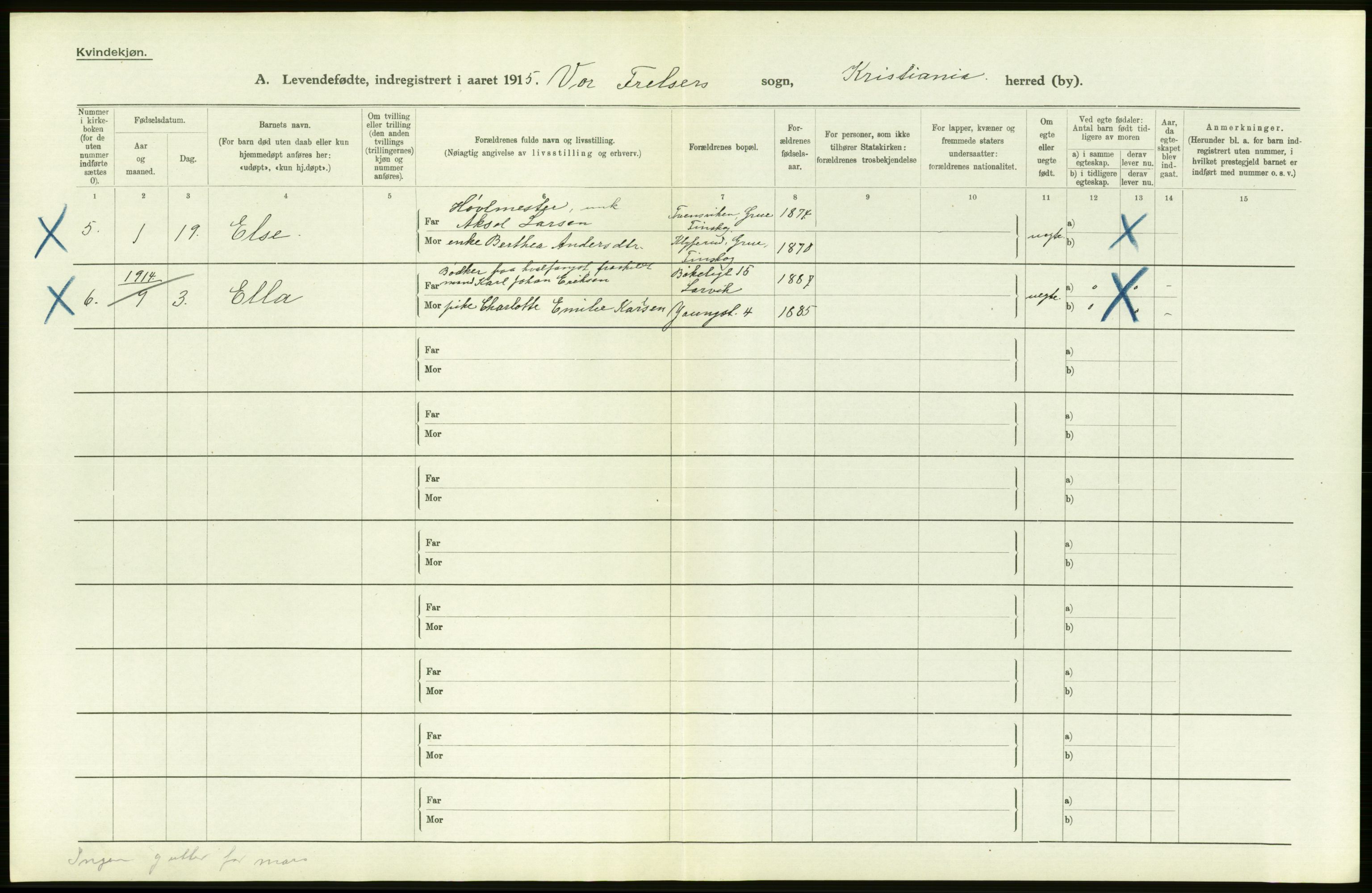 Statistisk sentralbyrå, Sosiodemografiske emner, Befolkning, AV/RA-S-2228/D/Df/Dfb/Dfbe/L0007: Kristiania: Levendefødte menn og kvinner., 1915, p. 458