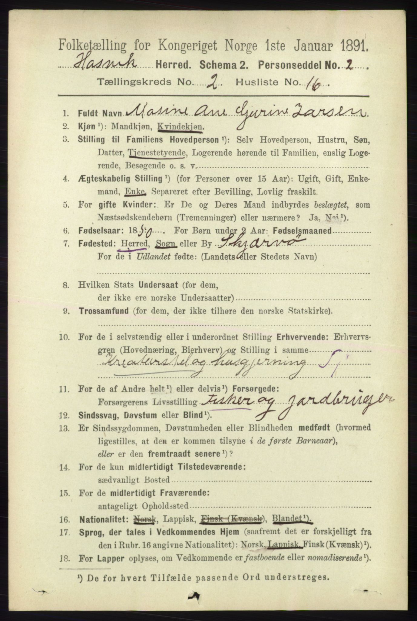 RA, 1891 census for 2015 Hasvik, 1891, p. 381