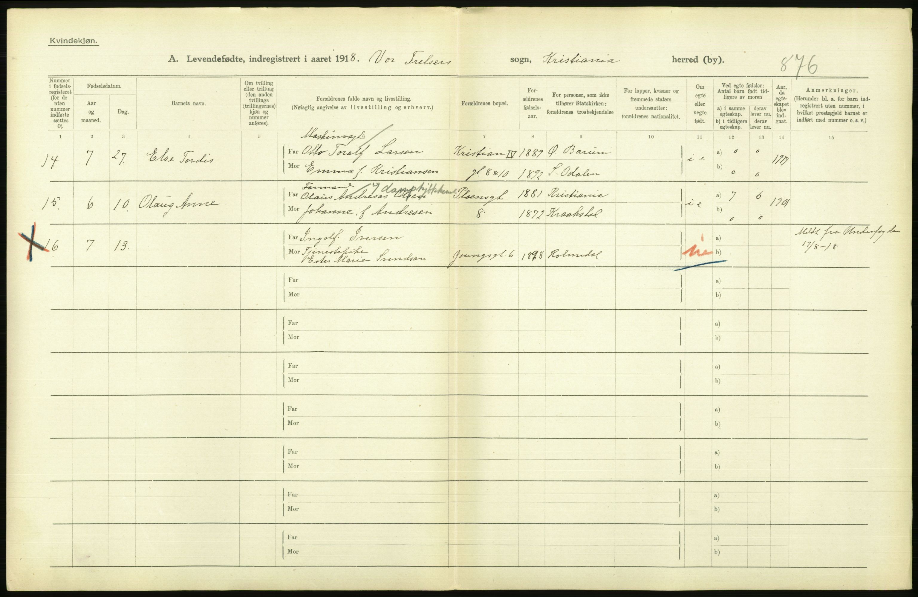 Statistisk sentralbyrå, Sosiodemografiske emner, Befolkning, AV/RA-S-2228/D/Df/Dfb/Dfbh/L0008: Kristiania: Levendefødte menn og kvinner., 1918, p. 16