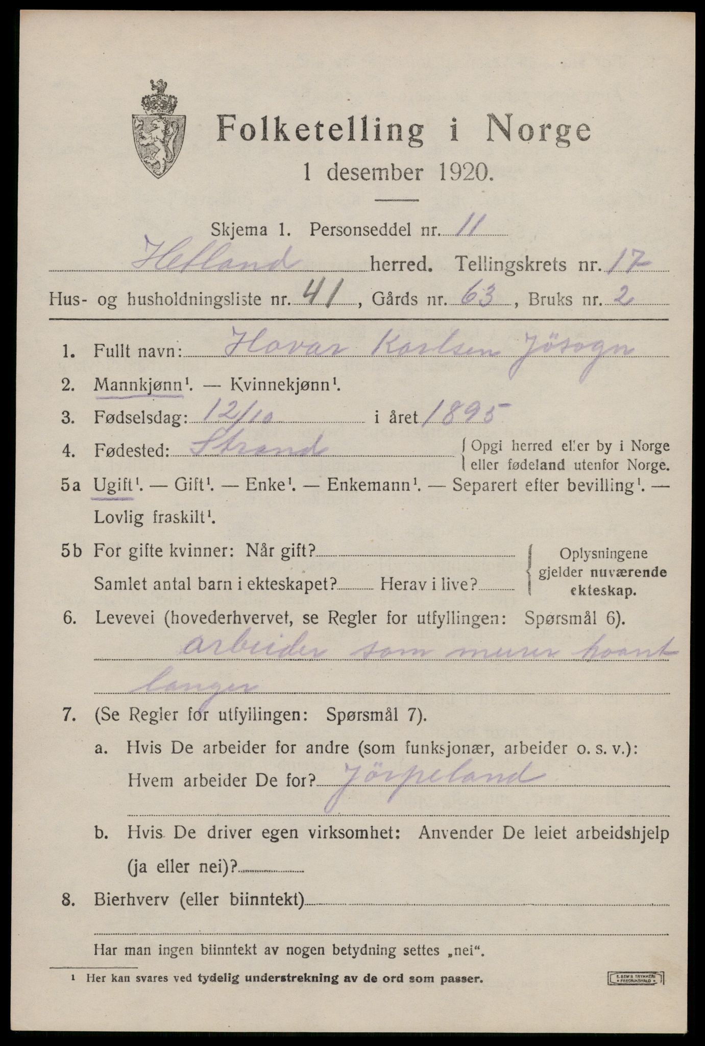 SAST, 1920 census for Hetland, 1920, p. 25003