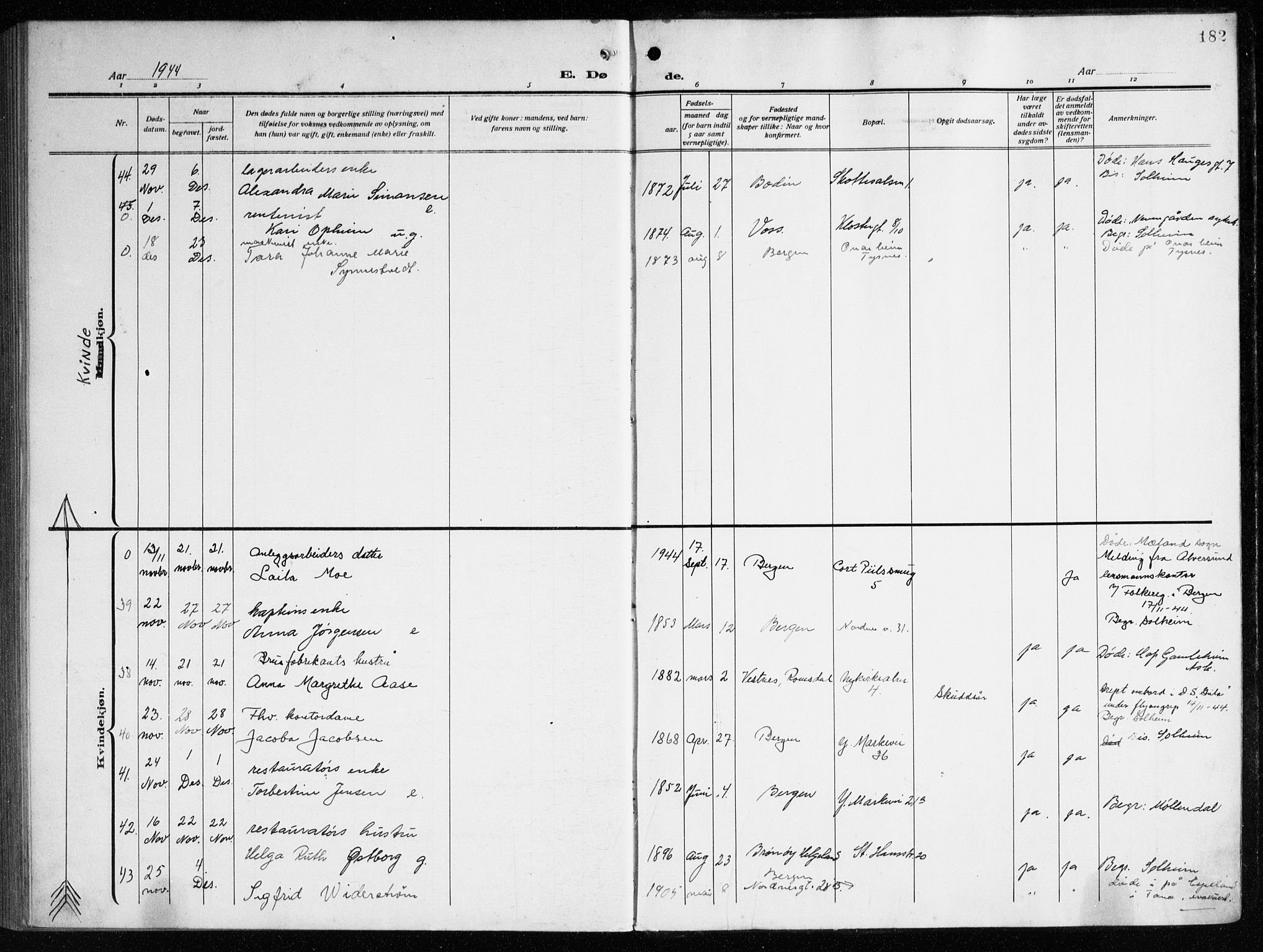 Nykirken Sokneprestembete, AV/SAB-A-77101/H/Haa/L0046: Parish register (official) no. E 6, 1918-1944, p. 182