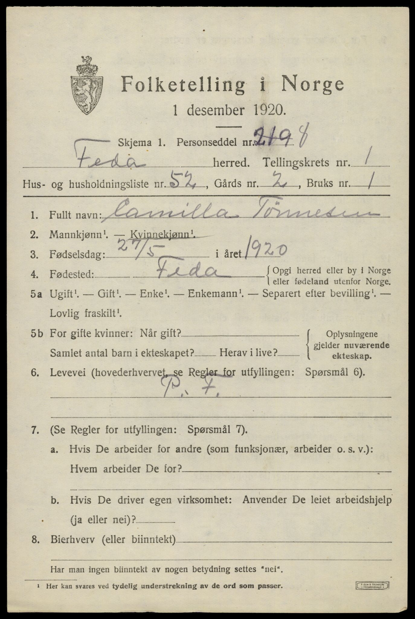 SAK, 1920 census for Feda, 1920, p. 893