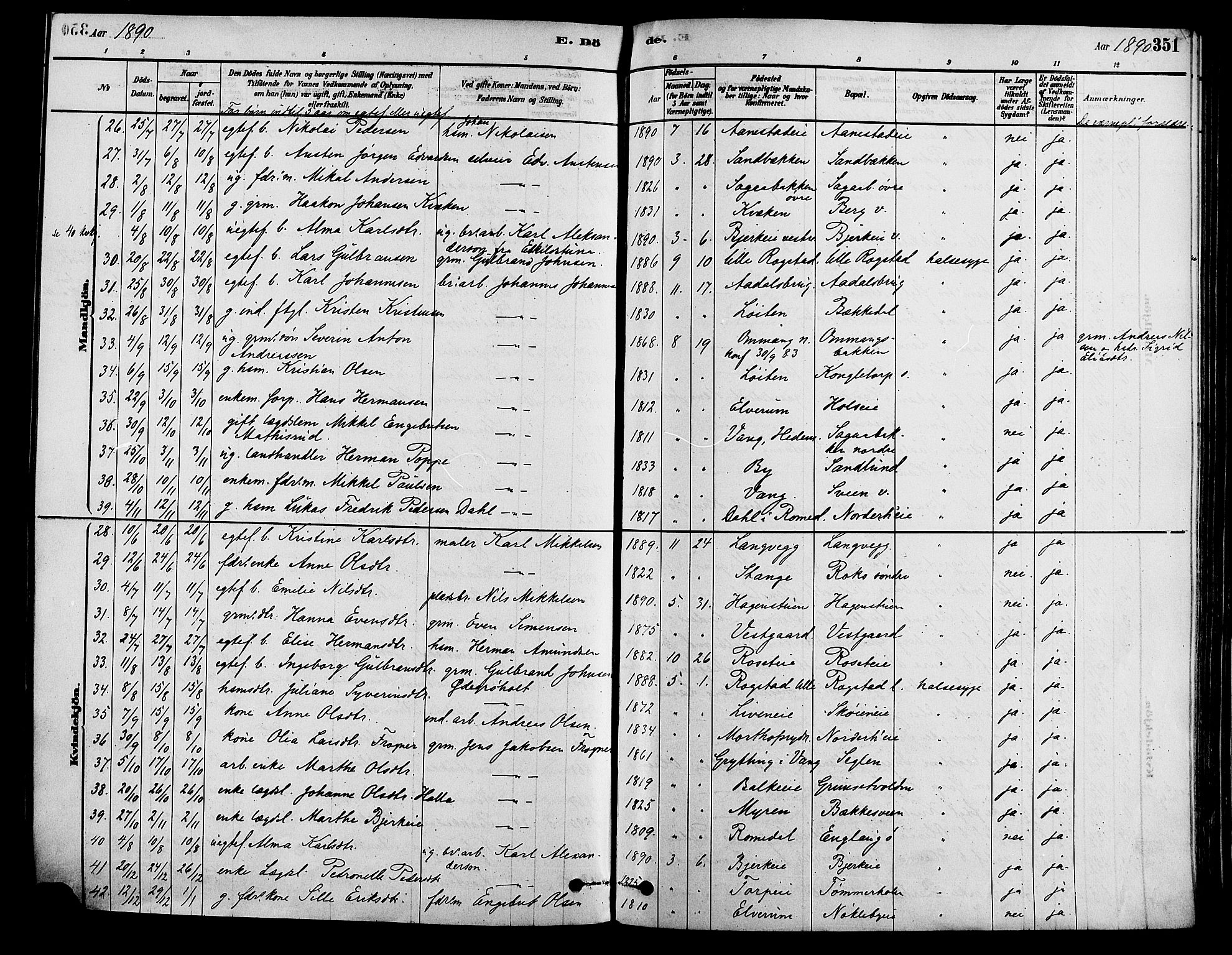 Løten prestekontor, SAH/PREST-022/K/Ka/L0009: Parish register (official) no. 9, 1878-1891, p. 351