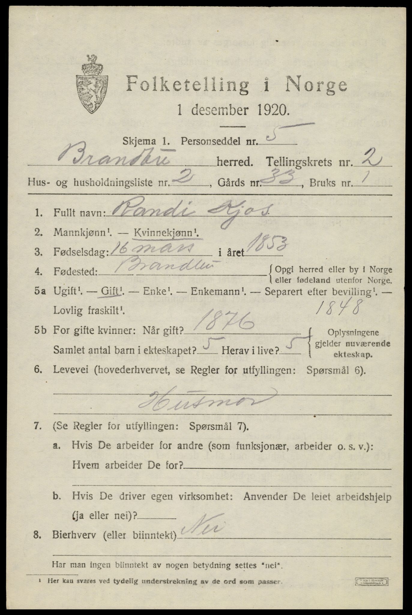 SAH, 1920 census for Brandbu, 1920, p. 3499