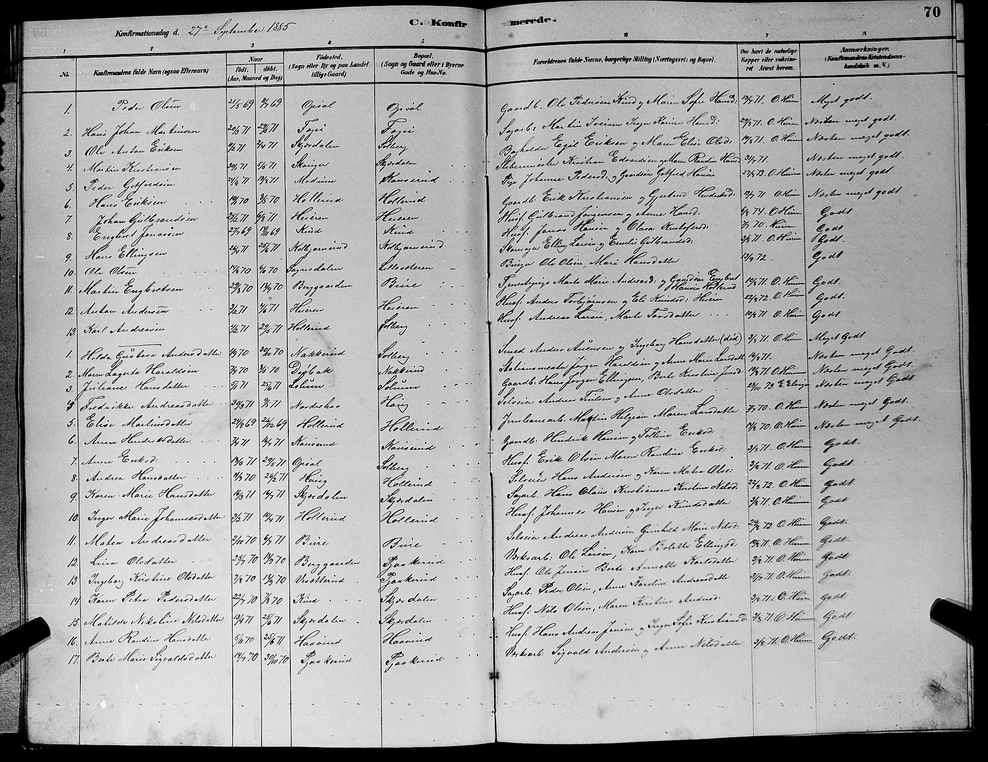 Hole kirkebøker, AV/SAKO-A-228/G/Gb/L0002: Parish register (copy) no. II 2, 1878-1889, p. 70