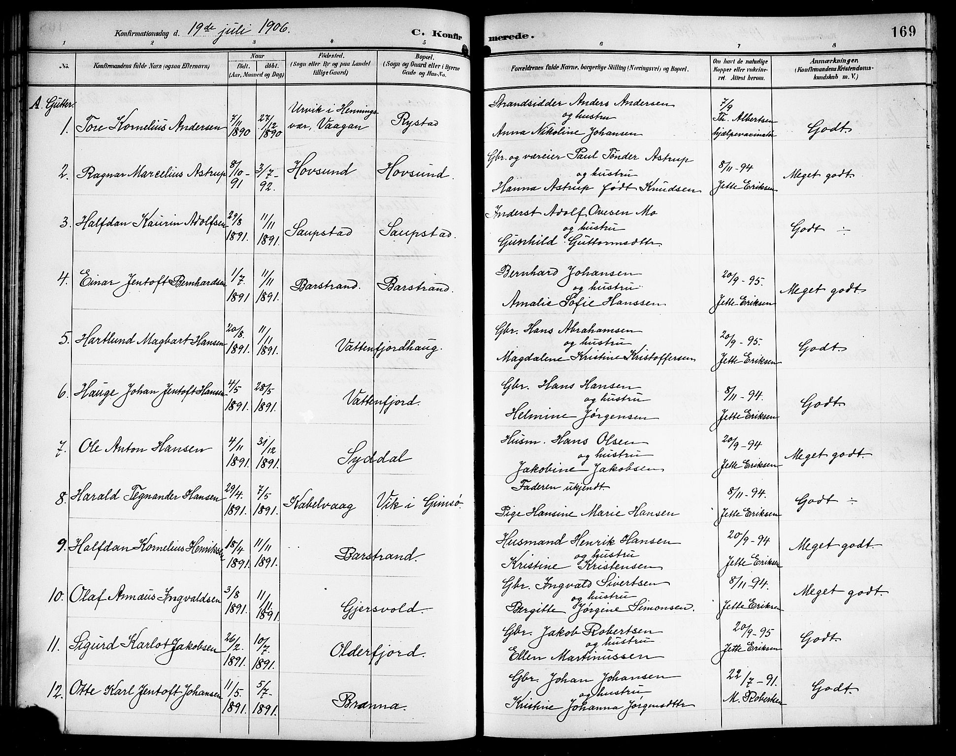 Ministerialprotokoller, klokkerbøker og fødselsregistre - Nordland, AV/SAT-A-1459/876/L1105: Parish register (copy) no. 876C04, 1896-1914, p. 169