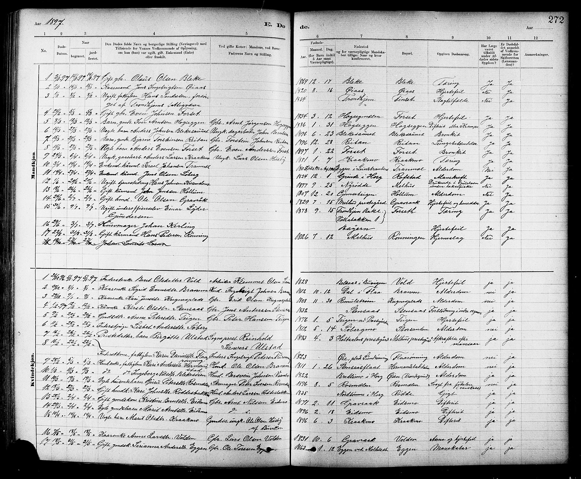 Ministerialprotokoller, klokkerbøker og fødselsregistre - Sør-Trøndelag, SAT/A-1456/691/L1094: Parish register (copy) no. 691C05, 1879-1911, p. 272