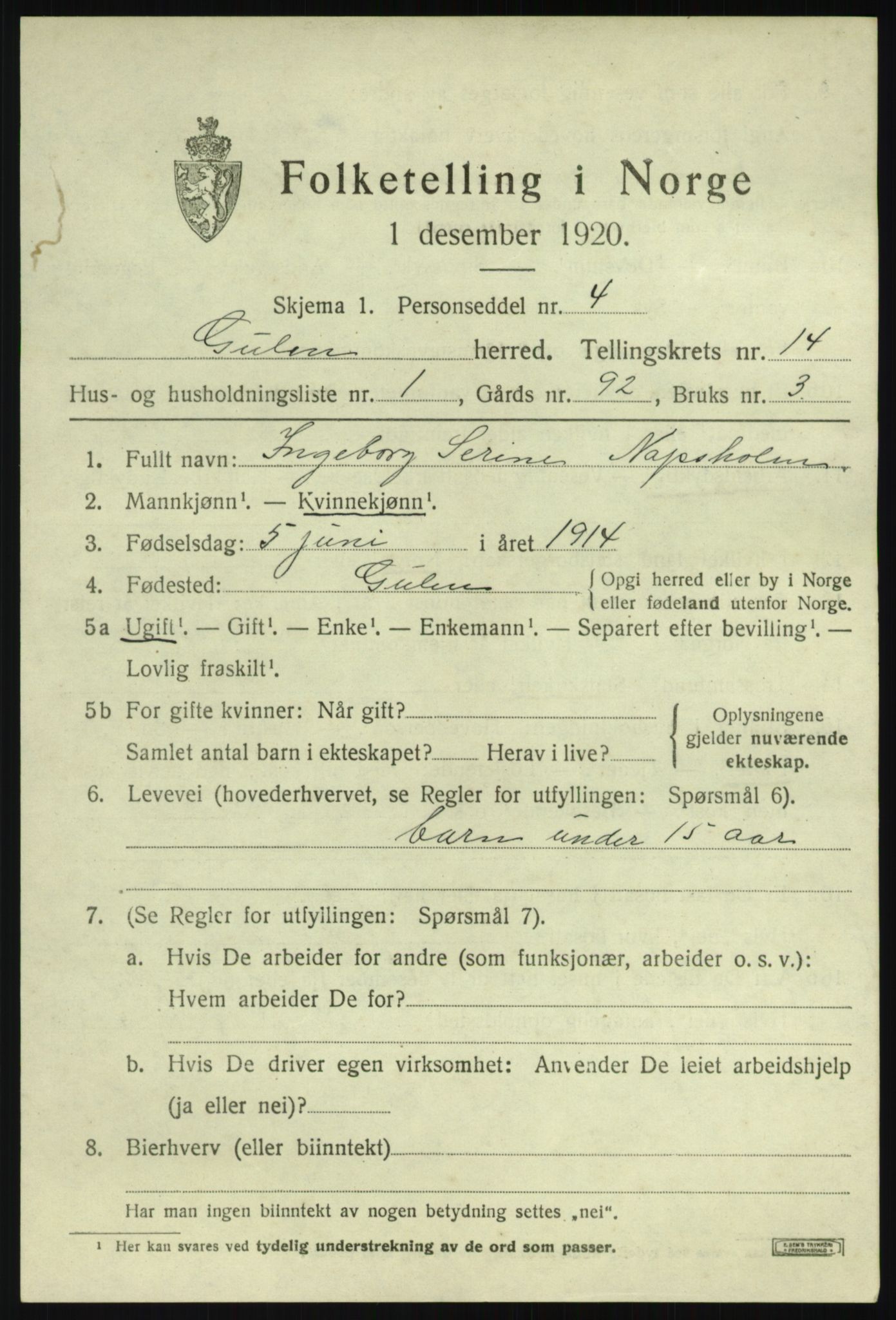 SAB, 1920 census for Gulen, 1920, p. 6201