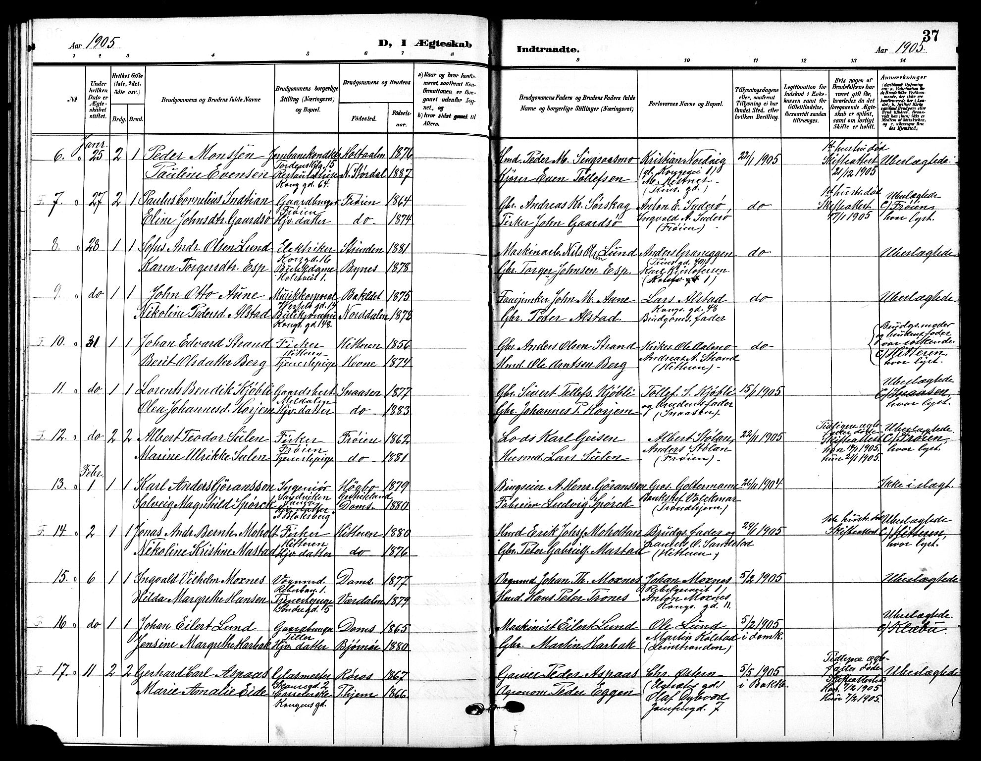 Ministerialprotokoller, klokkerbøker og fødselsregistre - Sør-Trøndelag, SAT/A-1456/601/L0095: Parish register (copy) no. 601C13, 1902-1911, p. 37