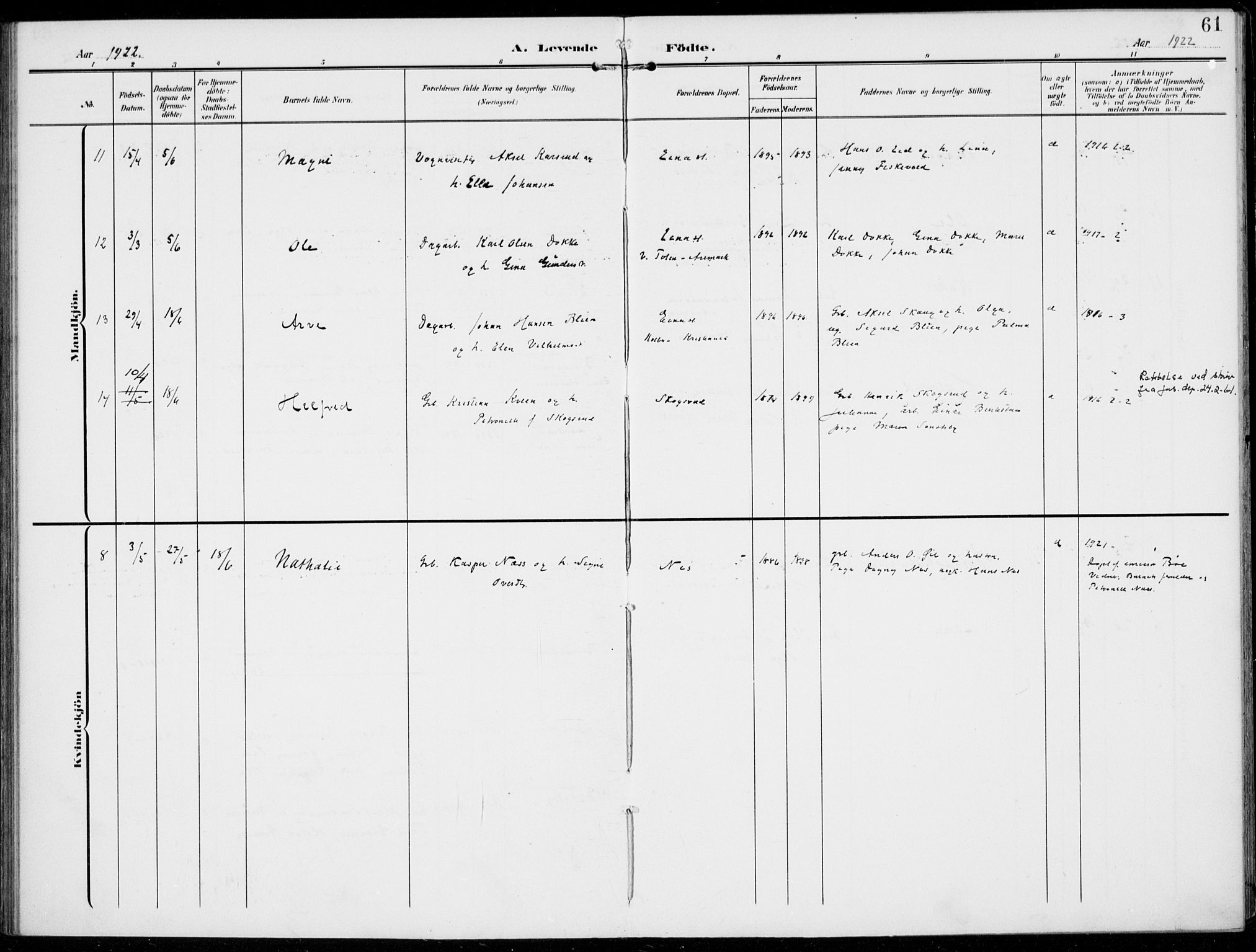 Kolbu prestekontor, AV/SAH-PREST-110/H/Ha/Haa/L0001: Parish register (official) no. 1, 1907-1923, p. 61