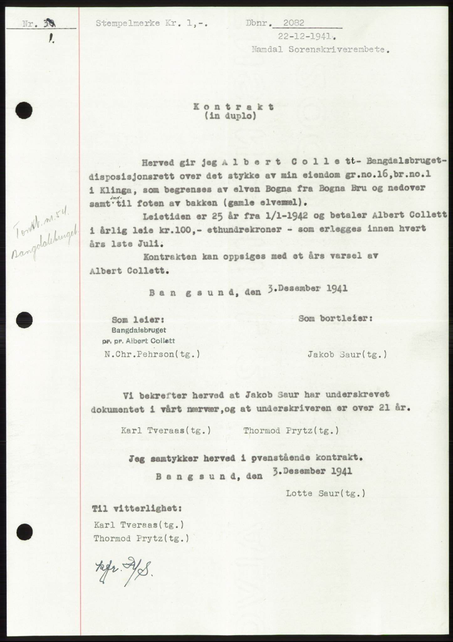 Namdal sorenskriveri, SAT/A-4133/1/2/2C: Mortgage book no. -, 1941-1942, Diary no: : 2082/1941