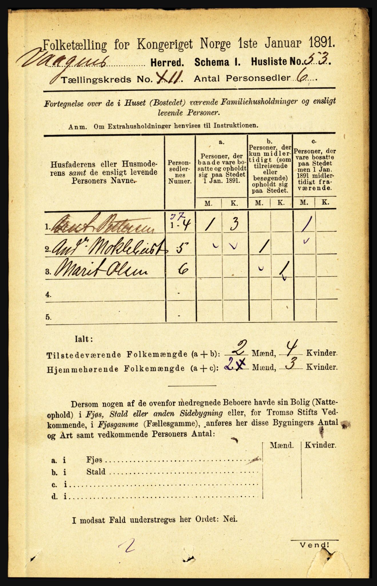 RA, 1891 census for 1865 Vågan, 1891, p. 2886