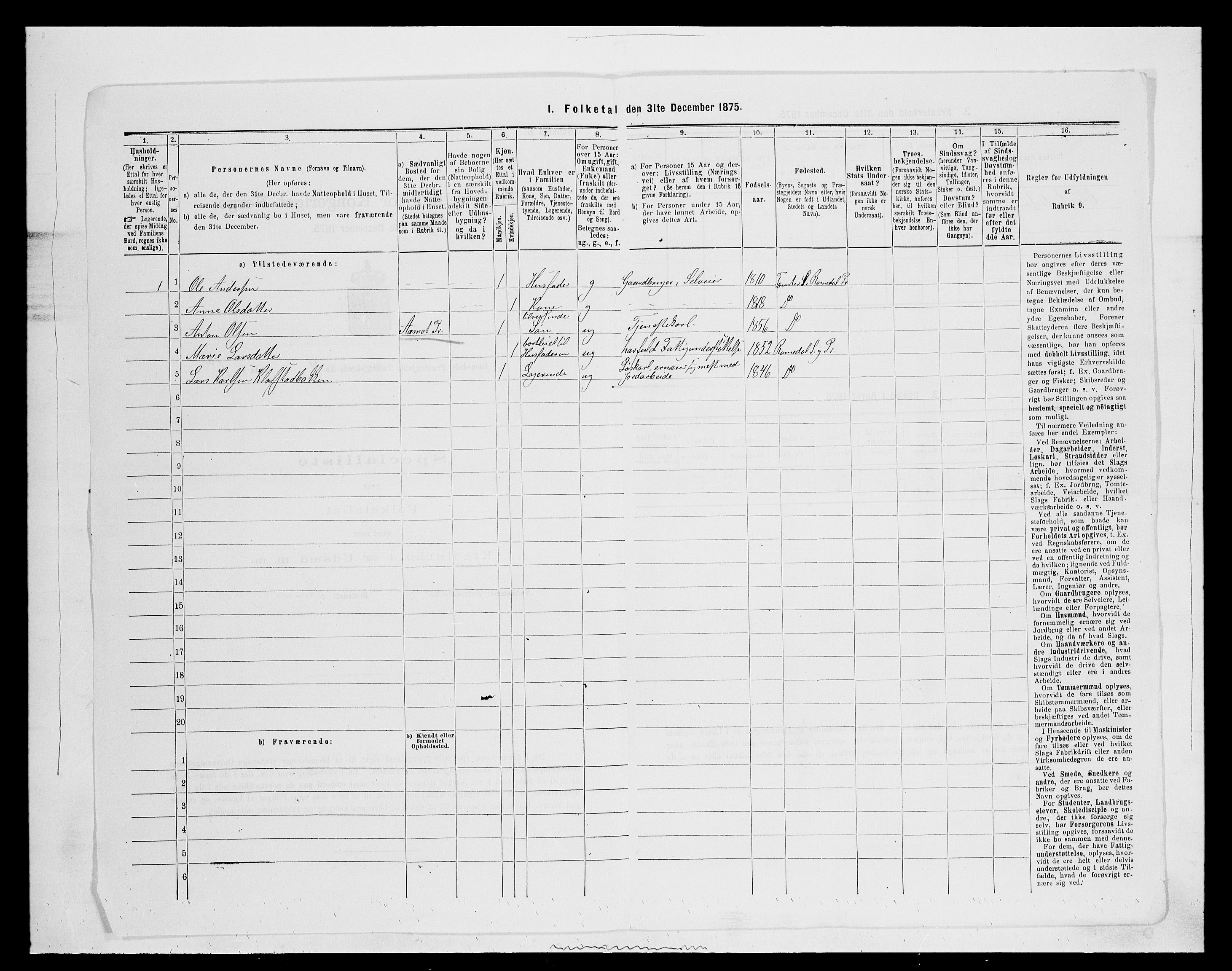 SAH, 1875 census for 0416P Romedal, 1875, p. 1052