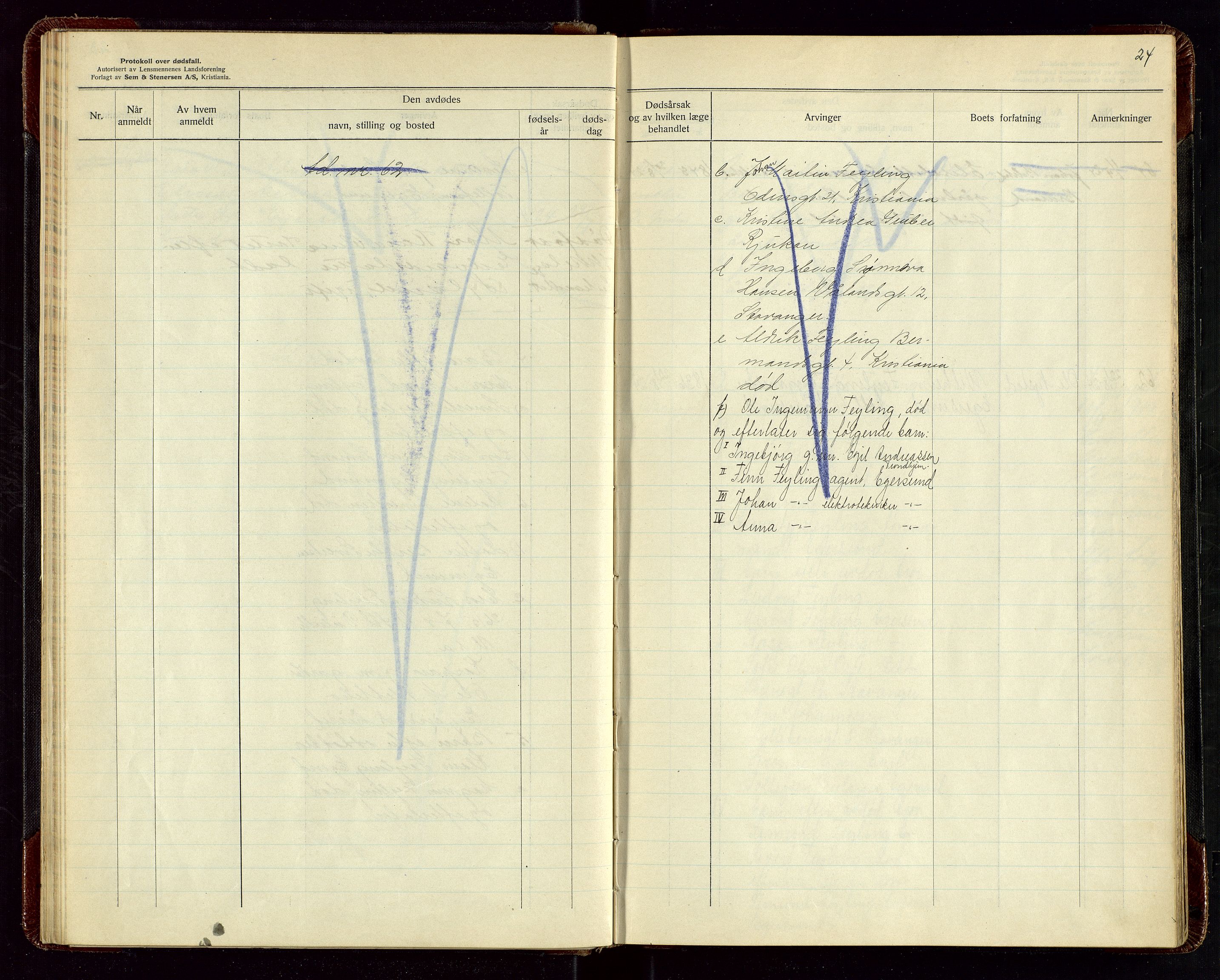 Eigersund lensmannskontor, AV/SAST-A-100171/Gga/L0009: "Protokoll over anmeldte dødsfall" m/alfabetisk navneregister, 1922-1926, p. 24