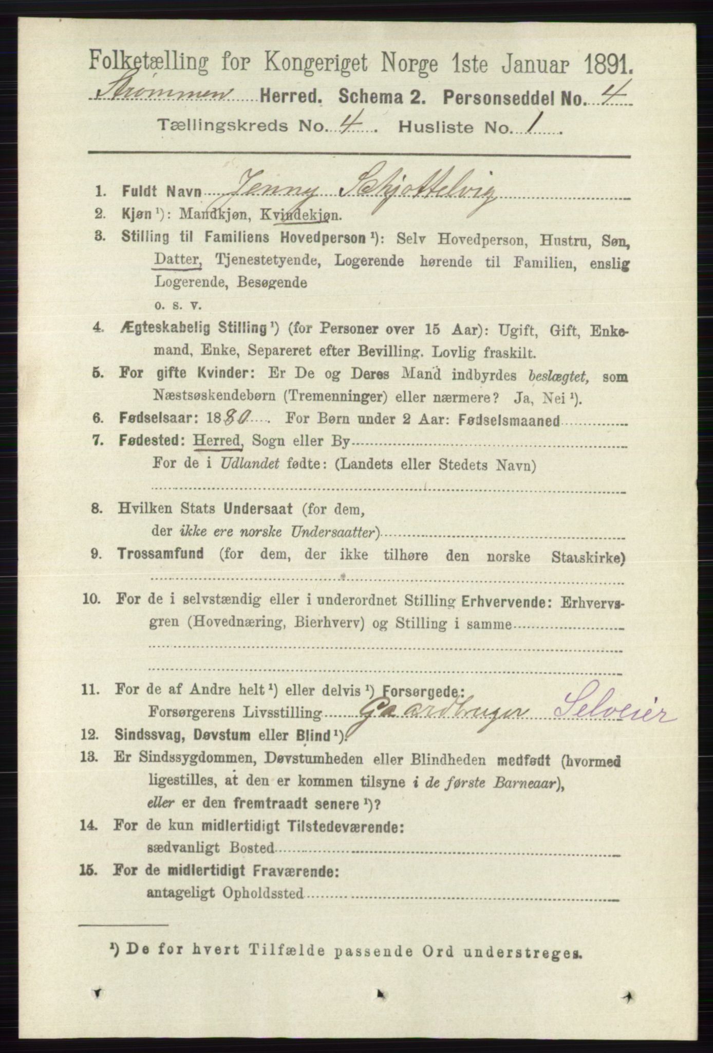 RA, 1891 census for 0711 Strømm, 1891, p. 1584