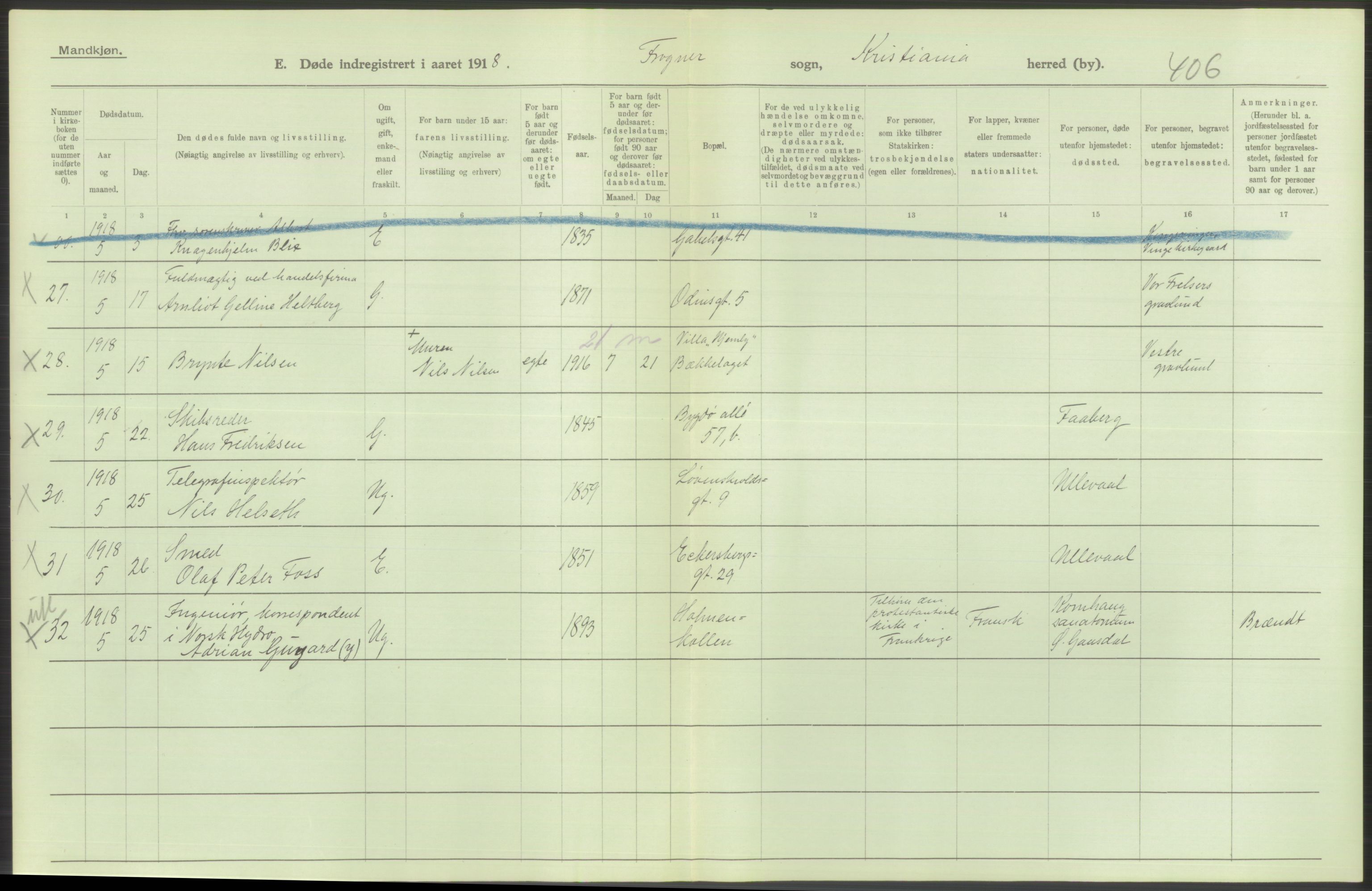 Statistisk sentralbyrå, Sosiodemografiske emner, Befolkning, RA/S-2228/D/Df/Dfb/Dfbh/L0010: Kristiania: Døde, 1918, p. 86