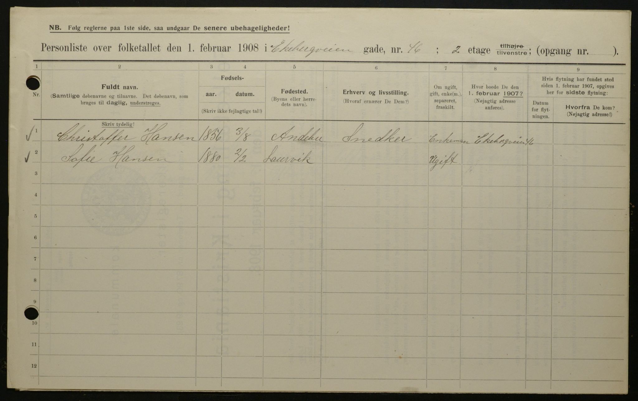 OBA, Municipal Census 1908 for Kristiania, 1908, p. 18643