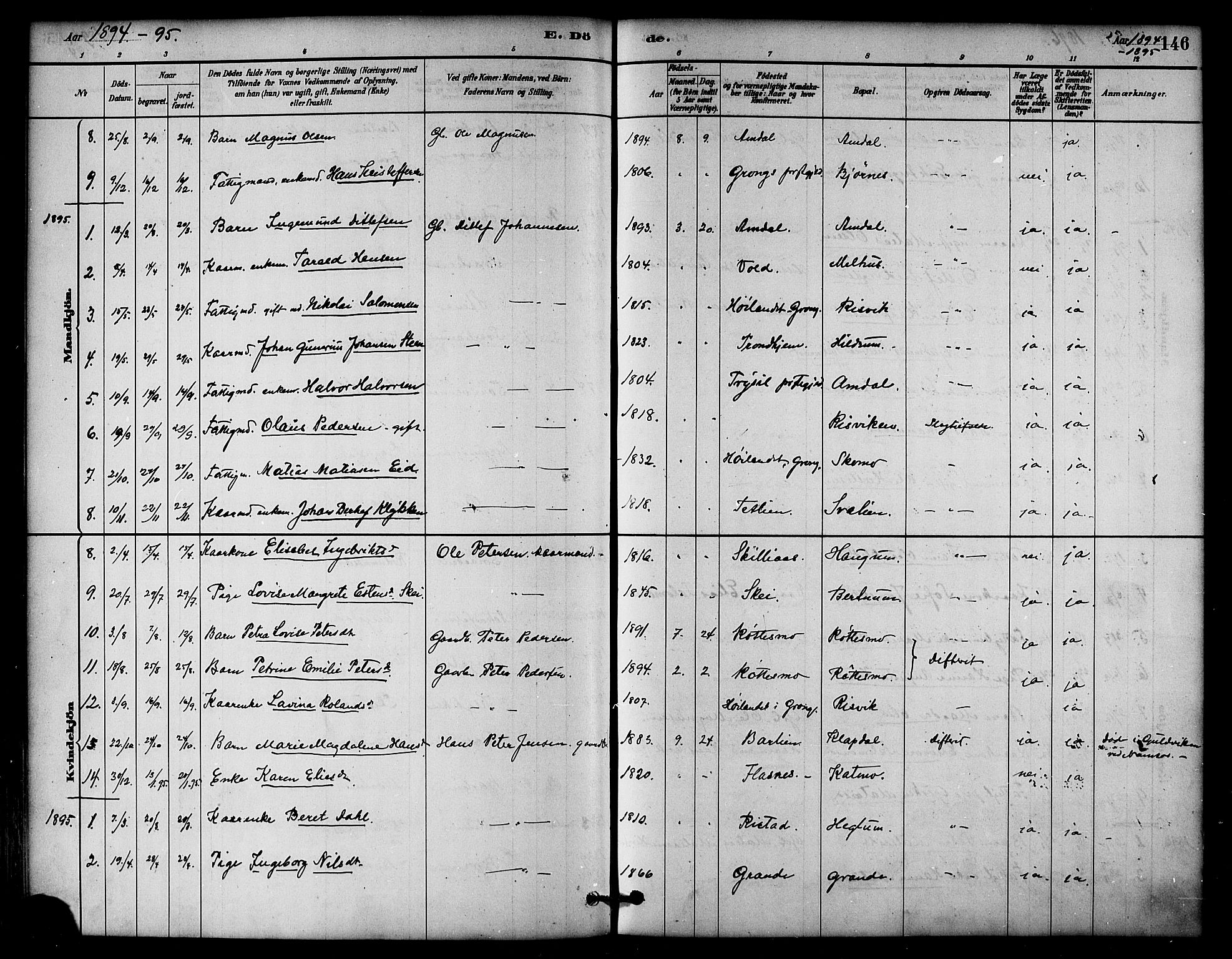 Ministerialprotokoller, klokkerbøker og fødselsregistre - Nord-Trøndelag, SAT/A-1458/764/L0555: Parish register (official) no. 764A10, 1881-1896, p. 146