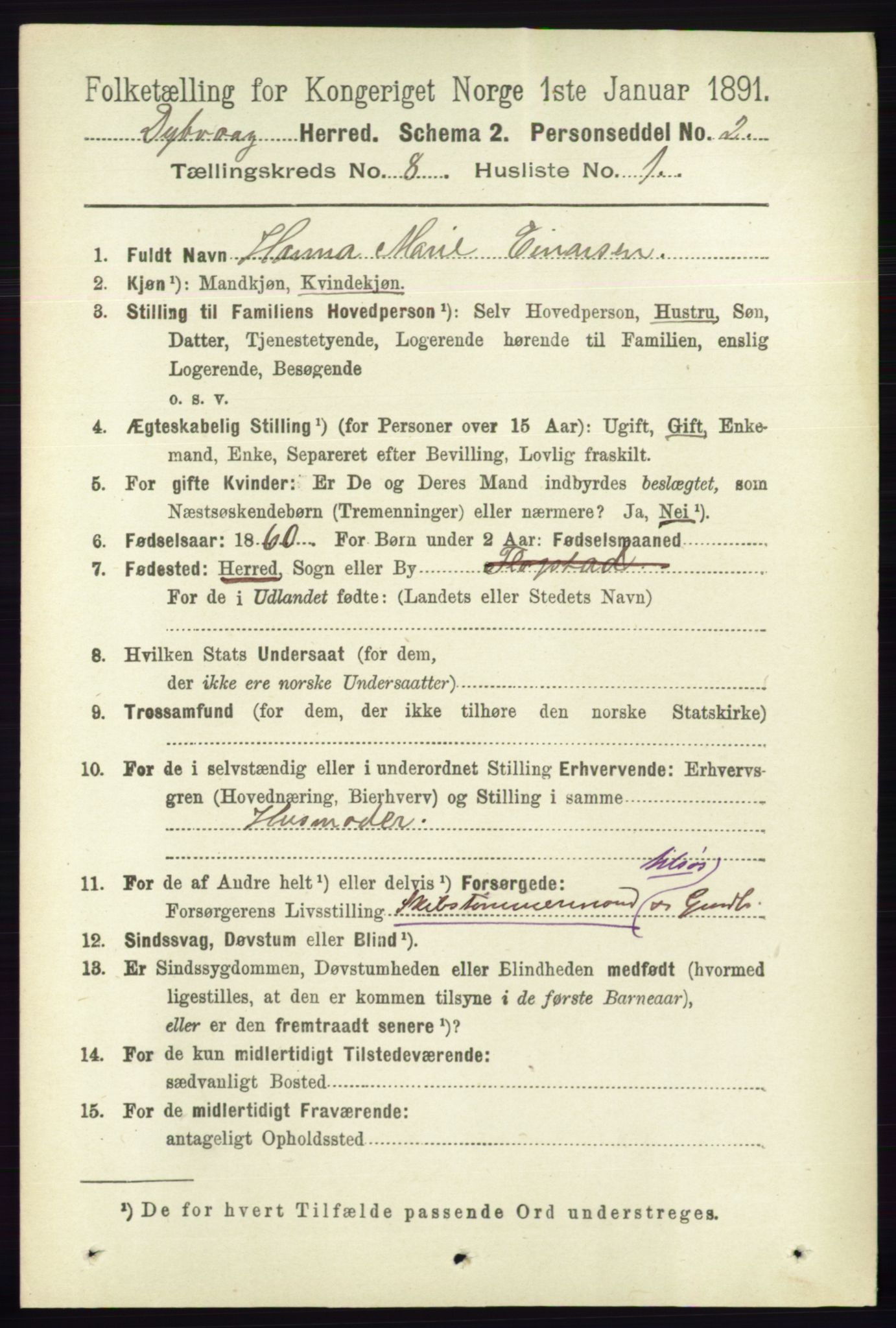 RA, 1891 census for 0915 Dypvåg, 1891, p. 2726