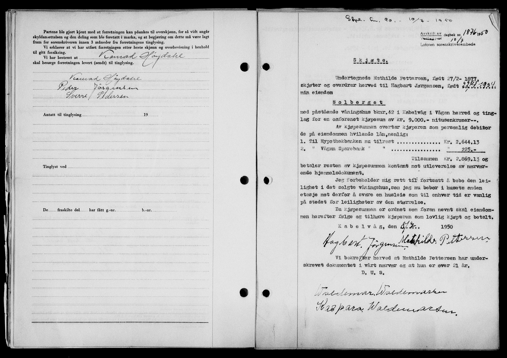 Lofoten sorenskriveri, SAT/A-0017/1/2/2C/L0024a: Mortgage book no. 24a, 1950-1950, Diary no: : 1876/1950