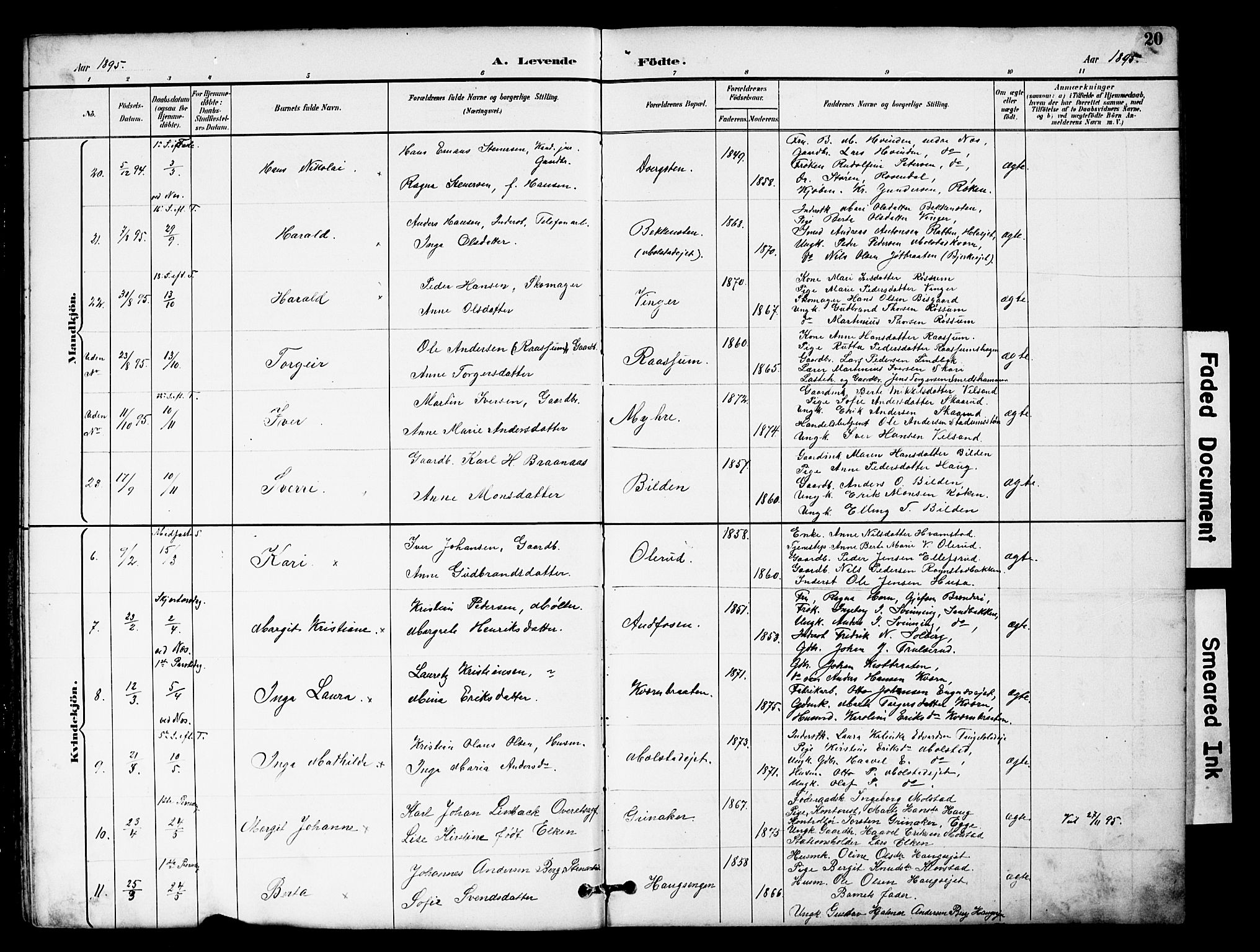 Brandbu prestekontor, SAH/PREST-114/H/Ha/Hab/L0006: Parish register (copy) no. 6, 1893-1902, p. 20