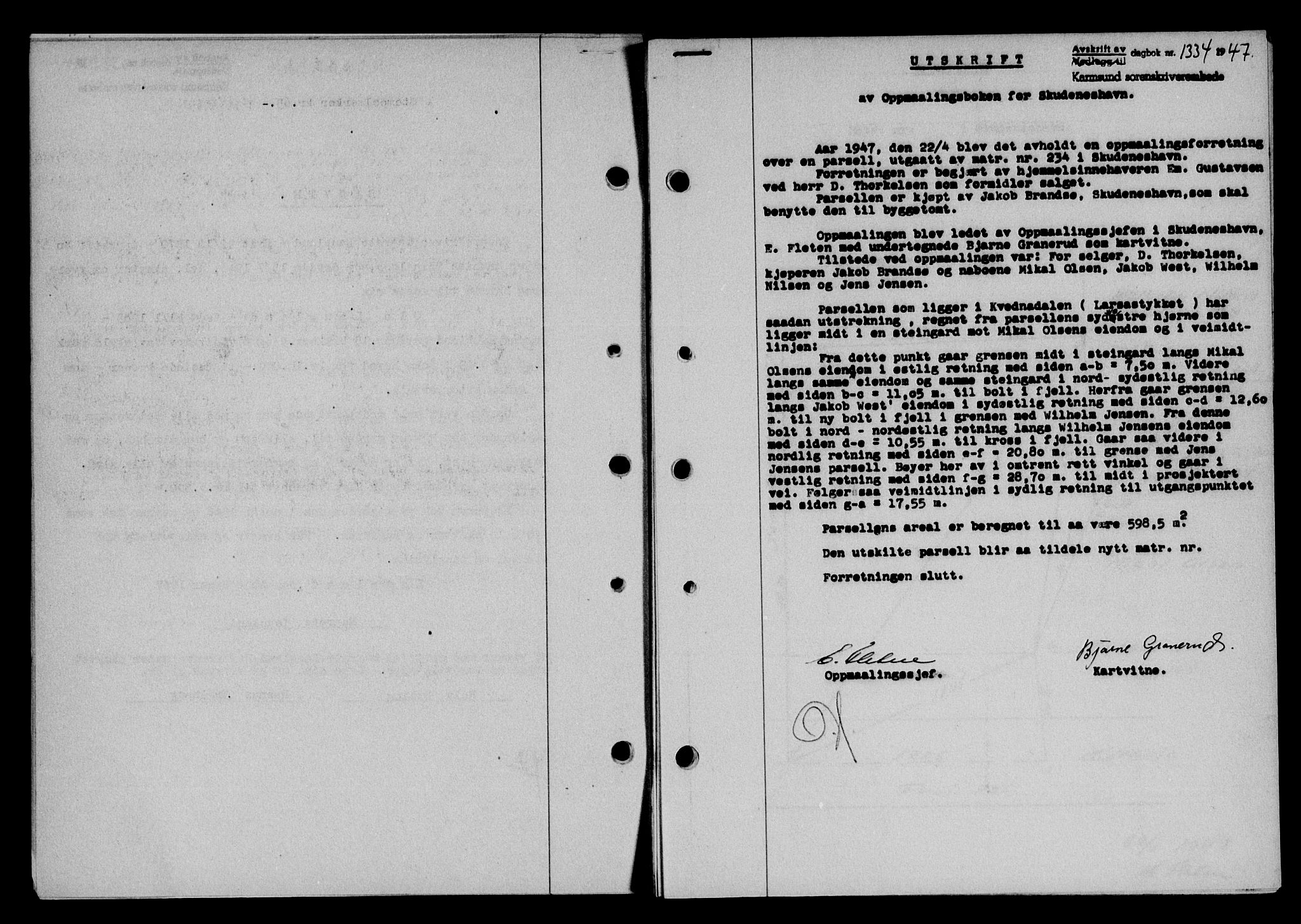 Karmsund sorenskriveri, SAST/A-100311/01/II/IIB/L0090: Mortgage book no. 70A, 1947-1947, Diary no: : 1334/1947