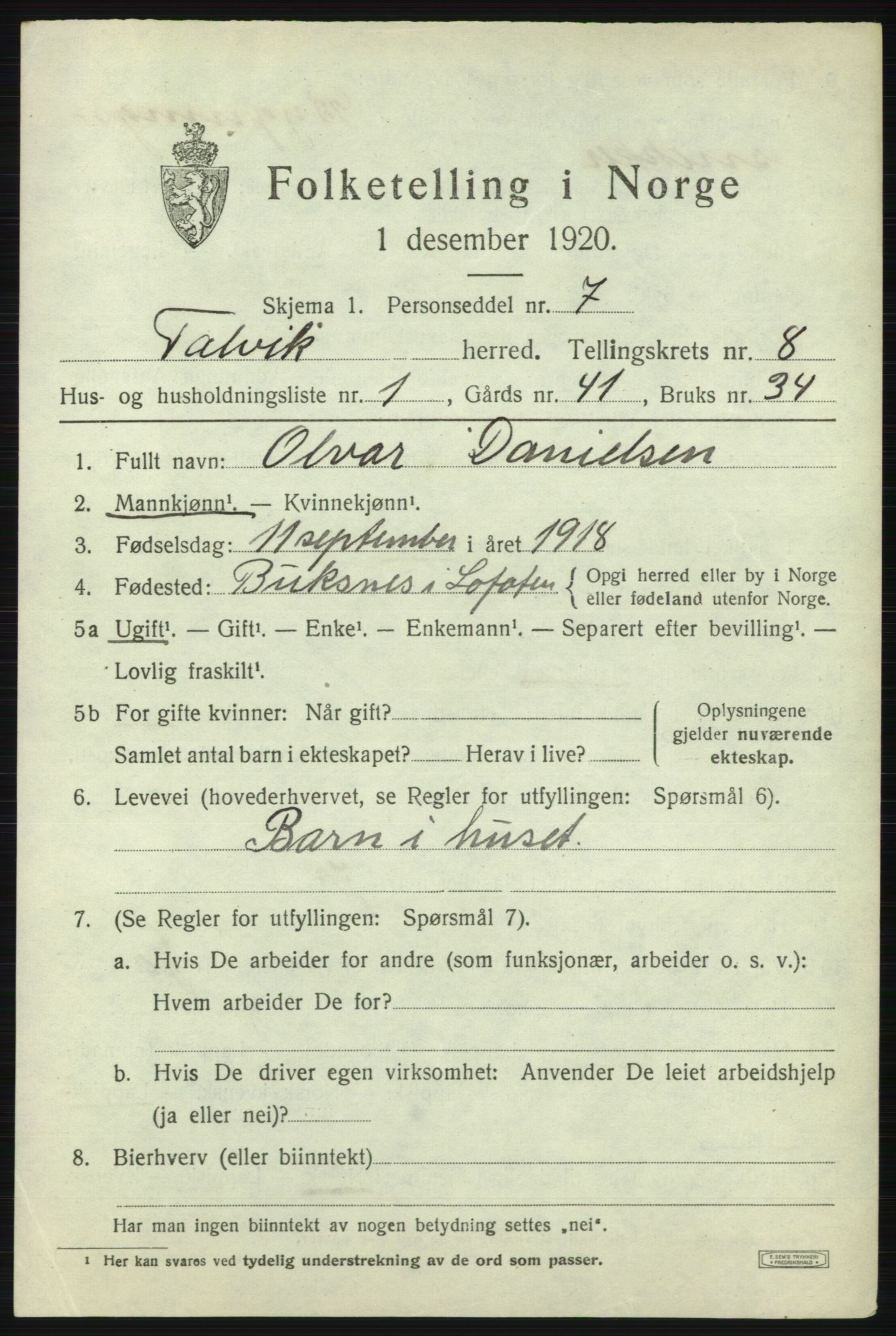 SATØ, 1920 census for Talvik, 1920, p. 4990