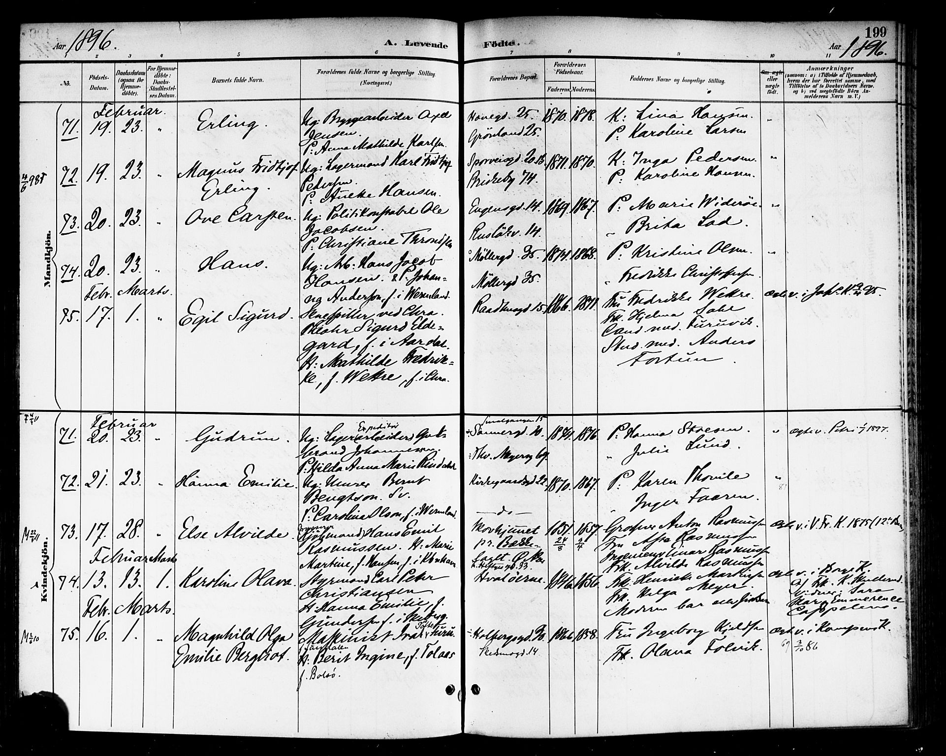 Rikshospitalet prestekontor Kirkebøker, SAO/A-10309b/F/L0009: Parish register (official) no. 9, 1894-1897, p. 199
