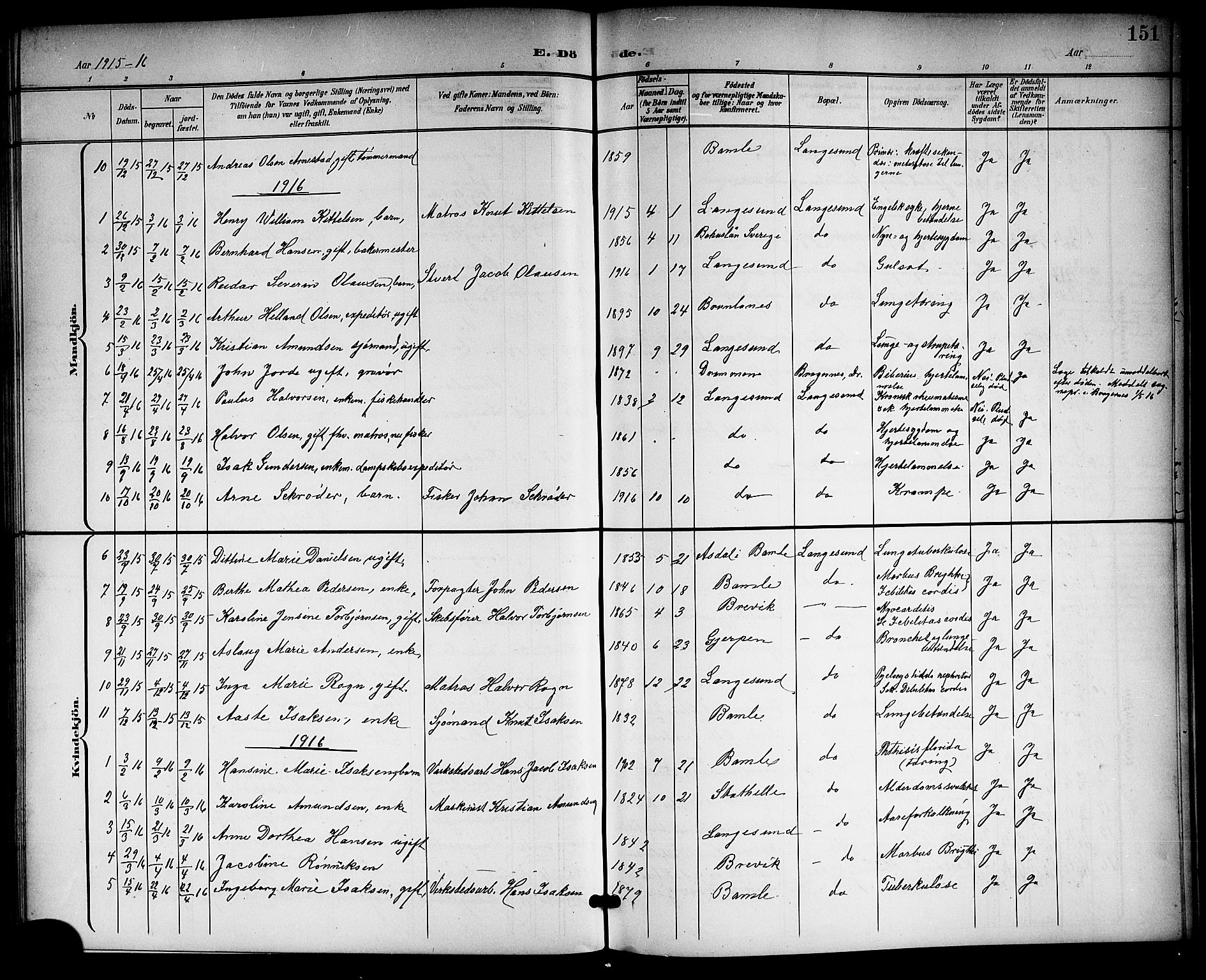 Langesund kirkebøker, SAKO/A-280/G/Ga/L0006: Parish register (copy) no. 6, 1899-1918, p. 151