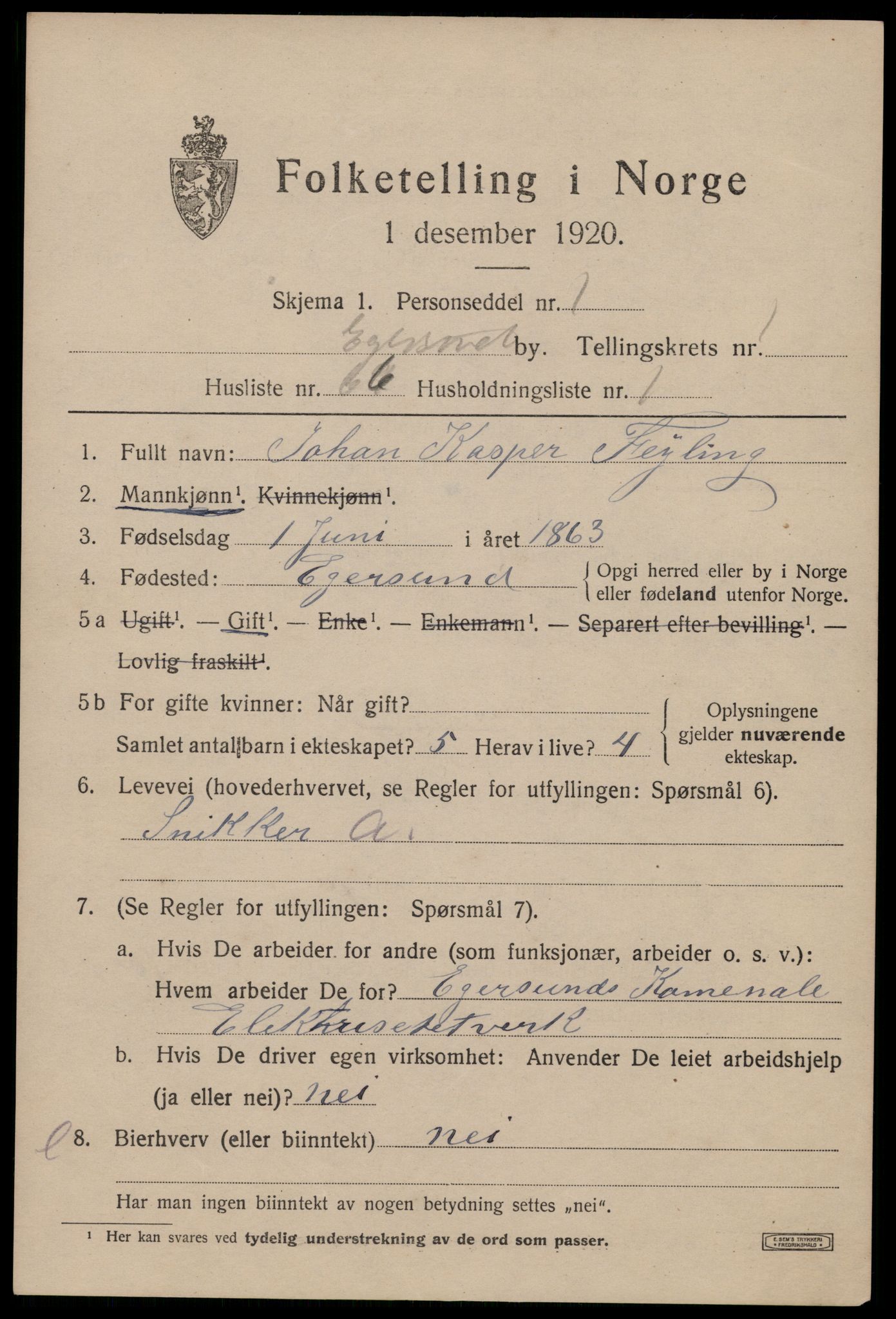 SAST, 1920 census for Egersund town, 1920, p. 3634