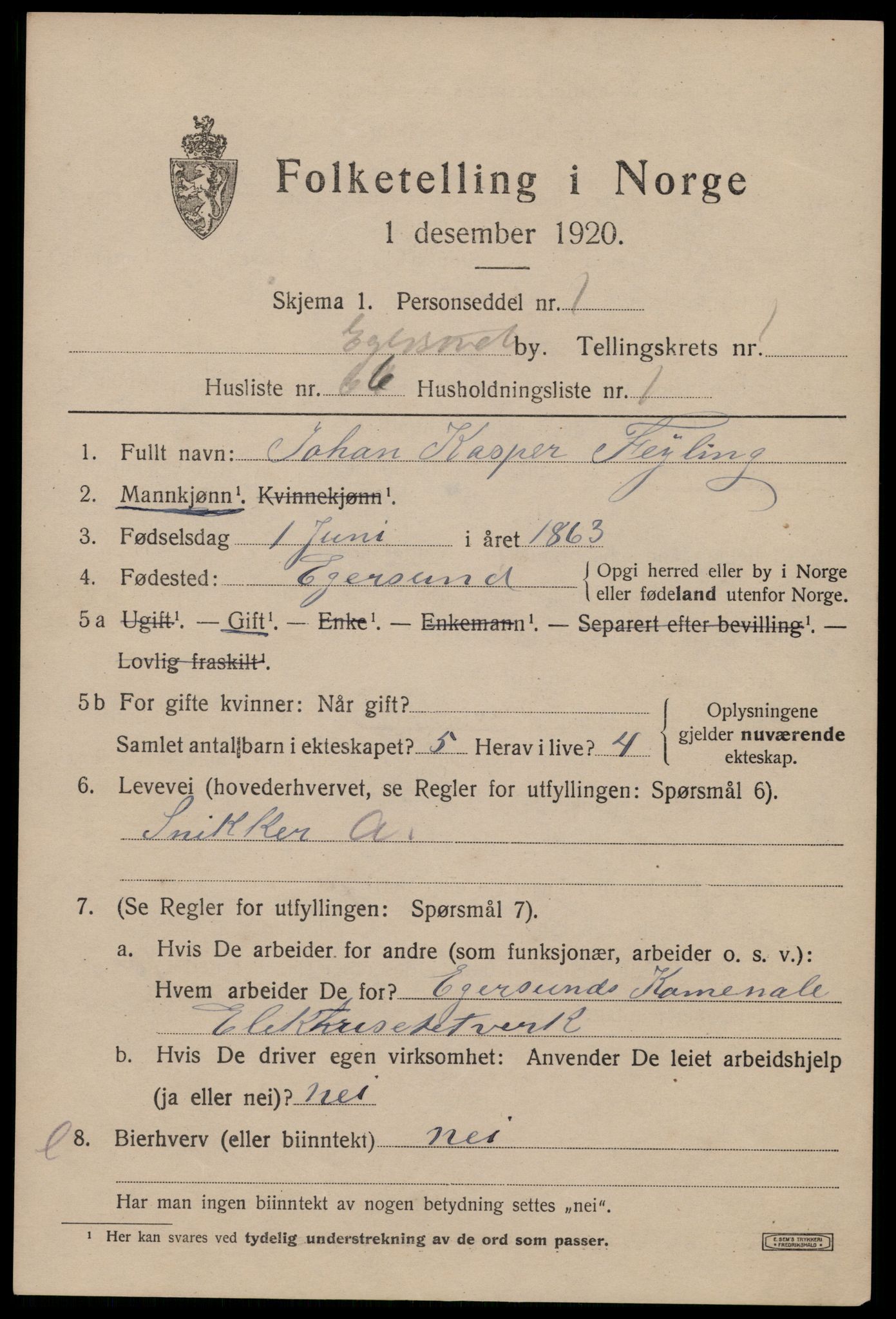 SAST, 1920 census for Egersund town, 1920, p. 3634