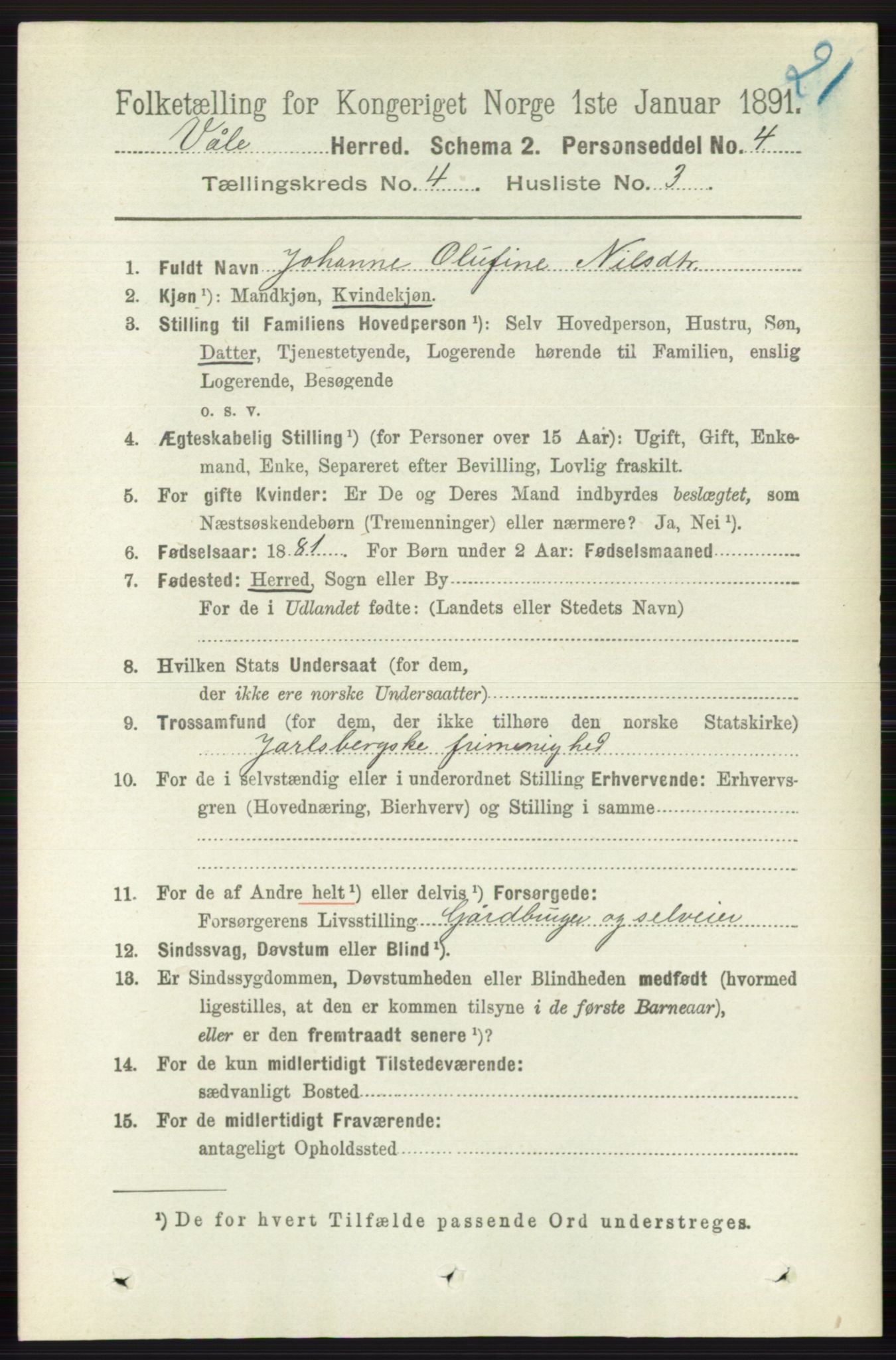 RA, 1891 census for 0716 Våle, 1891, p. 1001