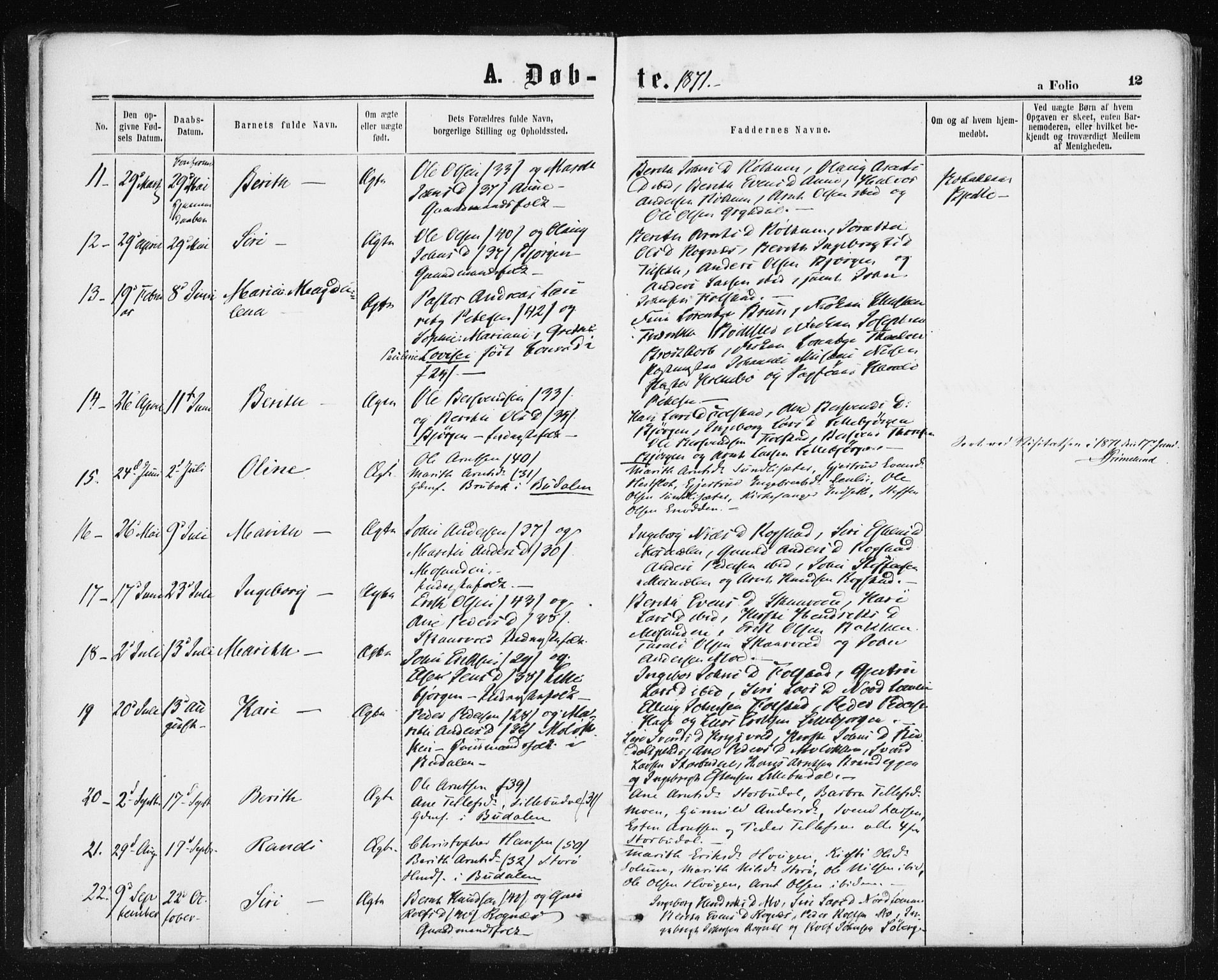 Ministerialprotokoller, klokkerbøker og fødselsregistre - Sør-Trøndelag, AV/SAT-A-1456/687/L1001: Parish register (official) no. 687A07, 1863-1878, p. 12