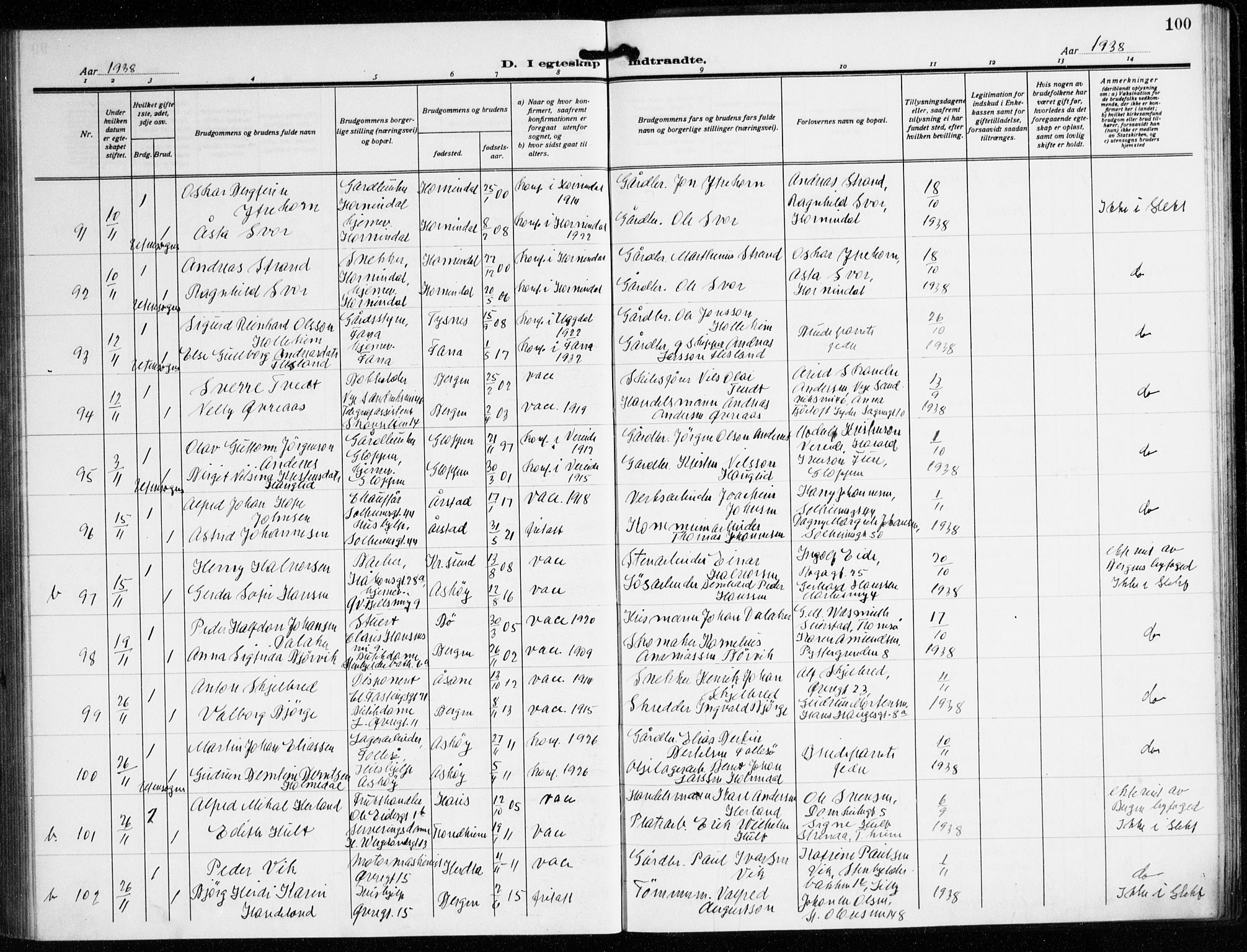 Korskirken sokneprestembete, AV/SAB-A-76101/H/Hab: Parish register (copy) no. D 5, 1926-1944, p. 100