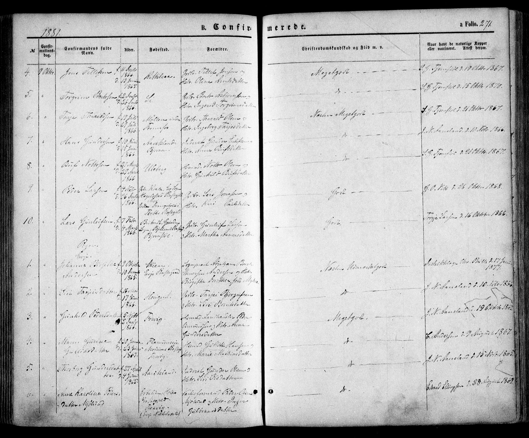 Evje sokneprestkontor, SAK/1111-0008/F/Fa/Faa/L0006: Parish register (official) no. A 6, 1866-1884, p. 271