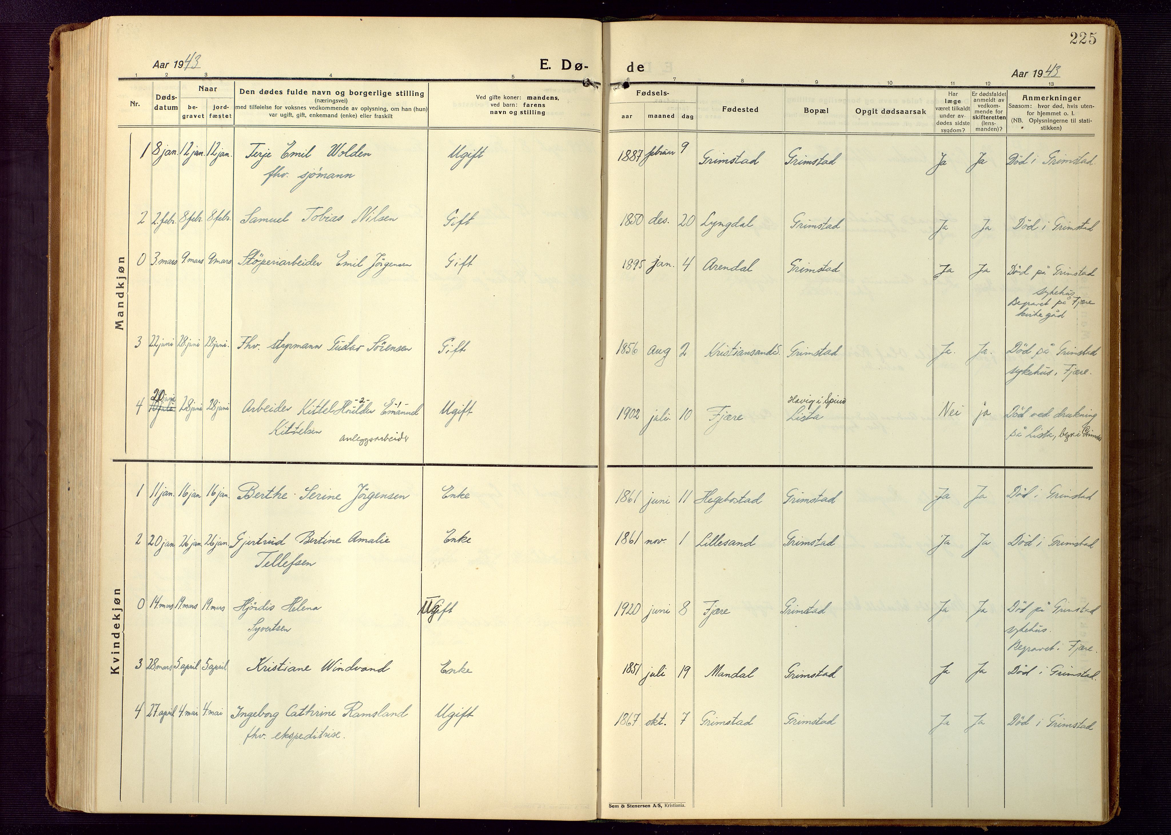 Grimstad sokneprestkontor, AV/SAK-1111-0017/F/Fb/L0002: Parish register (copy) no. B 2, 1923-1949, p. 225