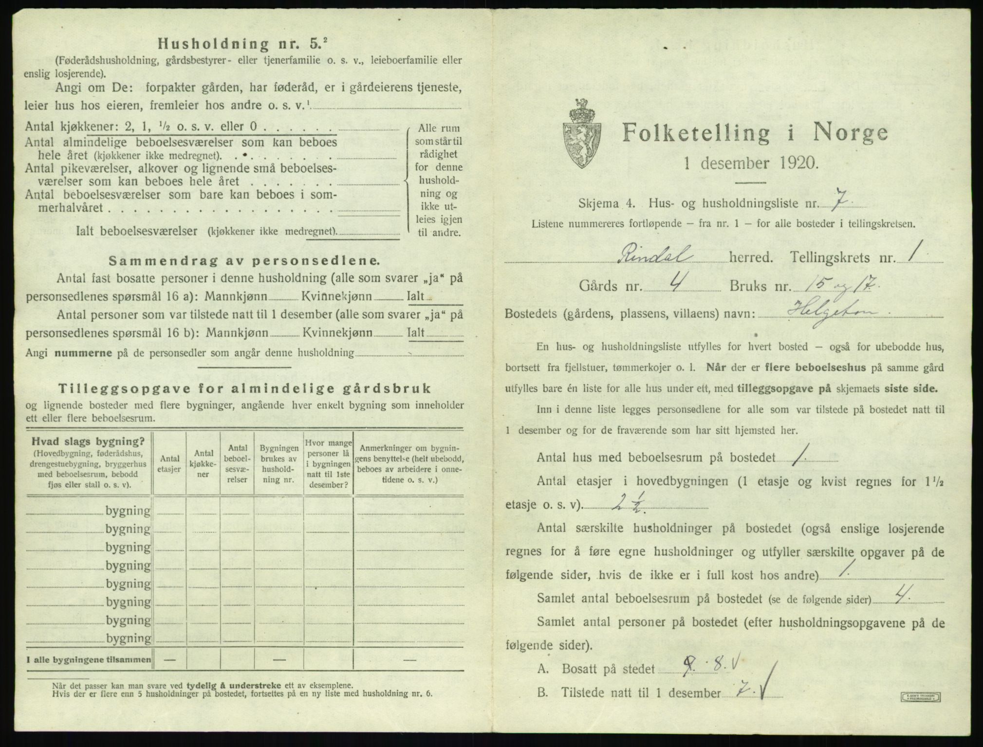 SAT, 1920 census for Rindal, 1920, p. 52