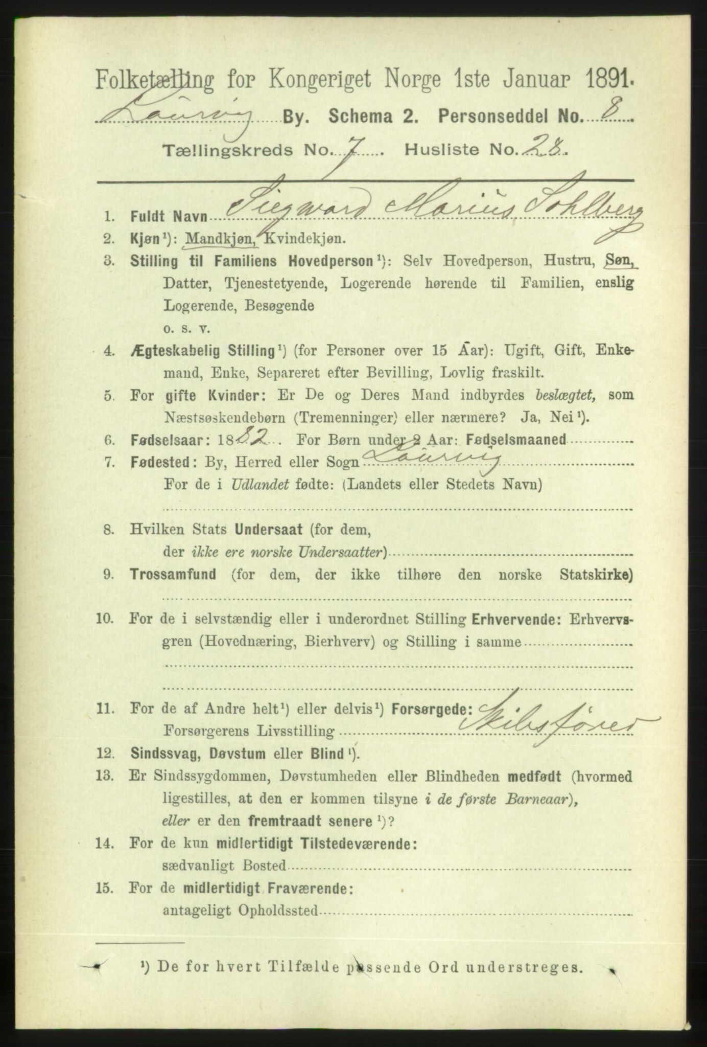 RA, 1891 census for 0707 Larvik, 1891, p. 7562