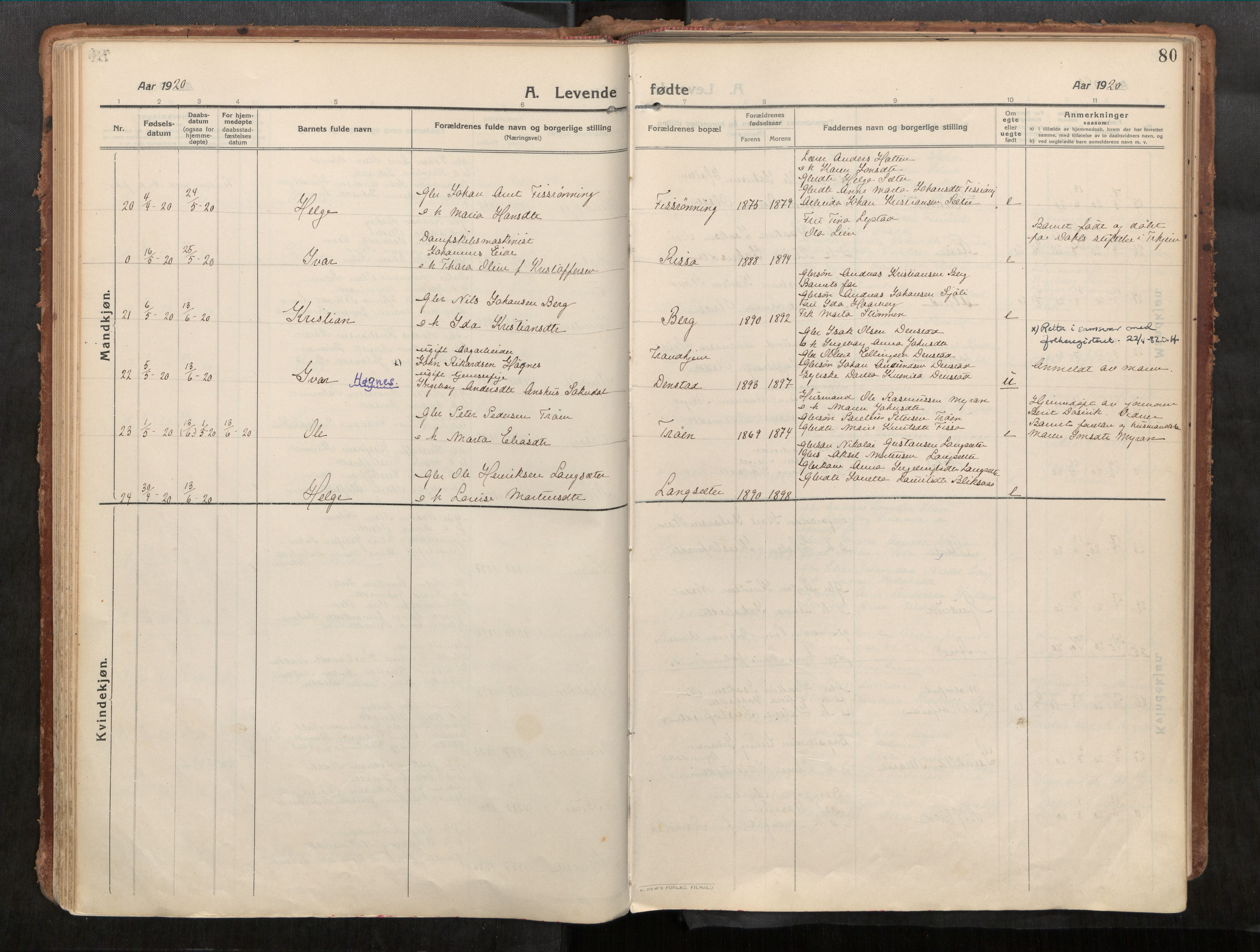 Stadsbygd sokneprestkontor, AV/SAT-A-1117/1/I/I1/I1a/L0001: Parish register (official) no. 1, 1911-1929, p. 80