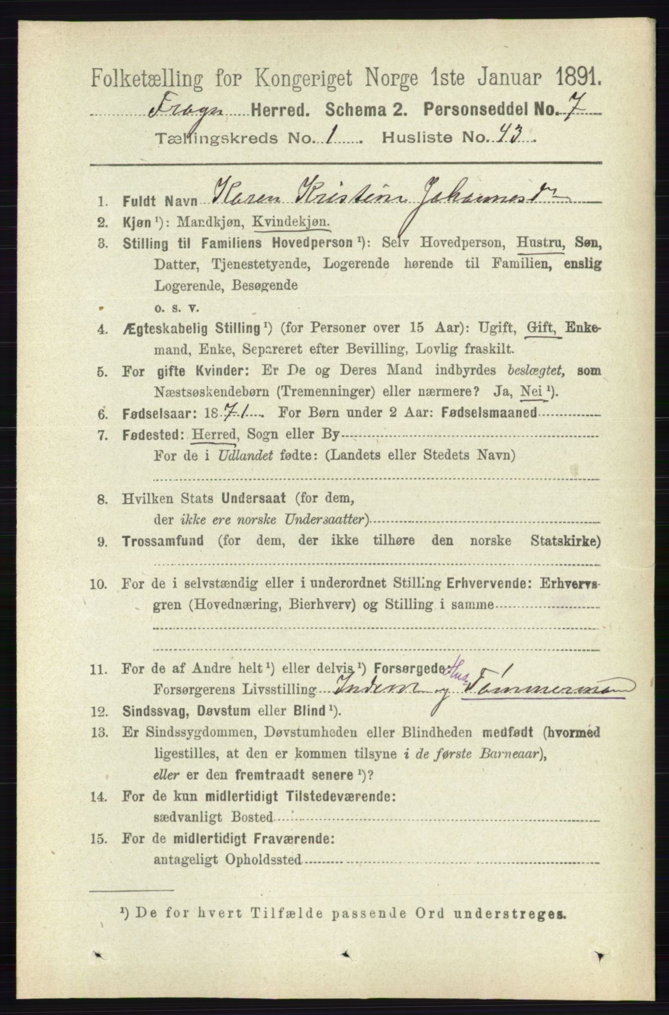 RA, 1891 census for 0215 Frogn, 1891, p. 665